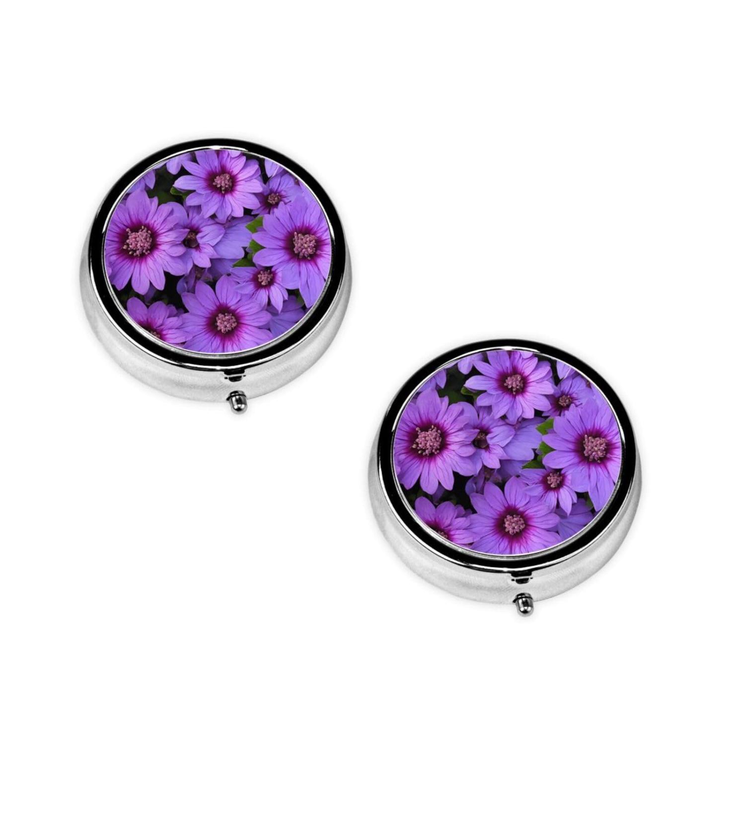 Purple Lily Flower Printed Mini Round Pill Box | 3 Compartment Pill Organizer for Travel Home & Office | Portable Medicine Case - Buy Online on GoSupps.com