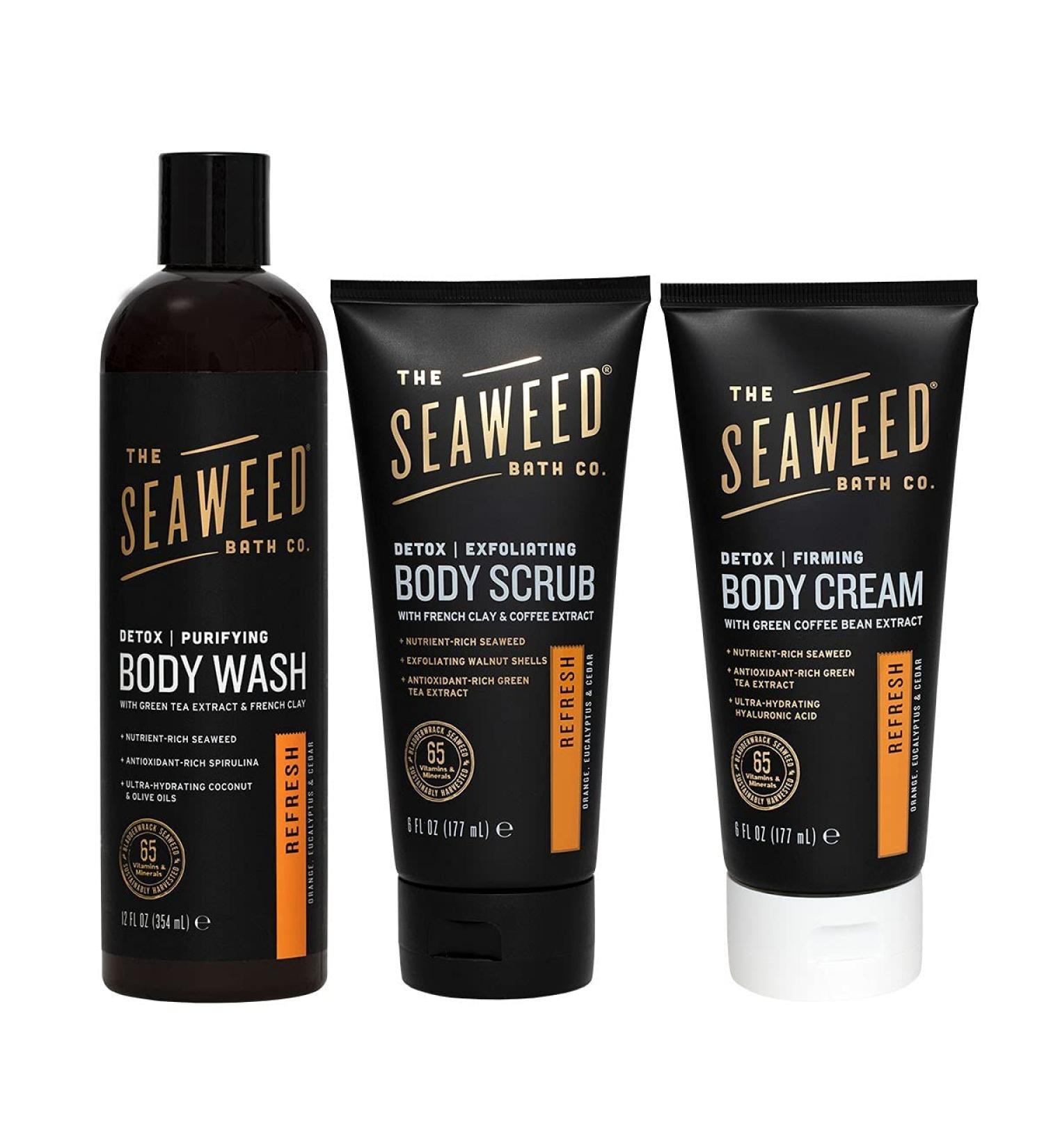 The Seaweed Bath Co. Orange, Eucalyptus & Cedar 12oz Body Wash, 6oz Body Cream and 6oz Body Scrub, Natural Organic Bladderwrack Seaweed, Paraben Free Body Wash, Body Cream and Body Scrub 3-Piece Set