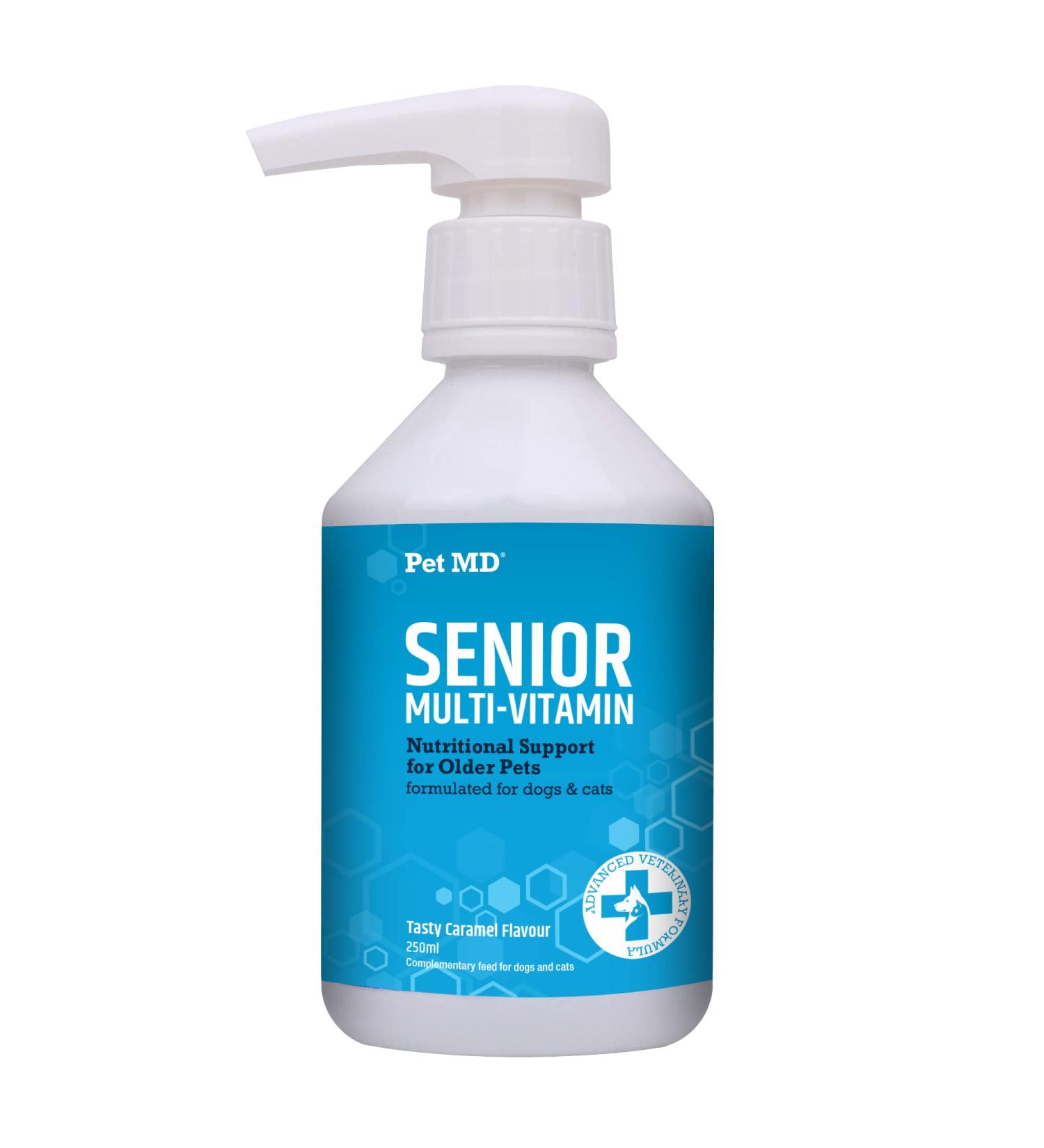 Pet MD Senior Multivitamin for Dogs & Cats - Liquid Vitamins with Calcium, Glucosamine, and Minerals - 250 mL - Buy Online on GoSupps.com
