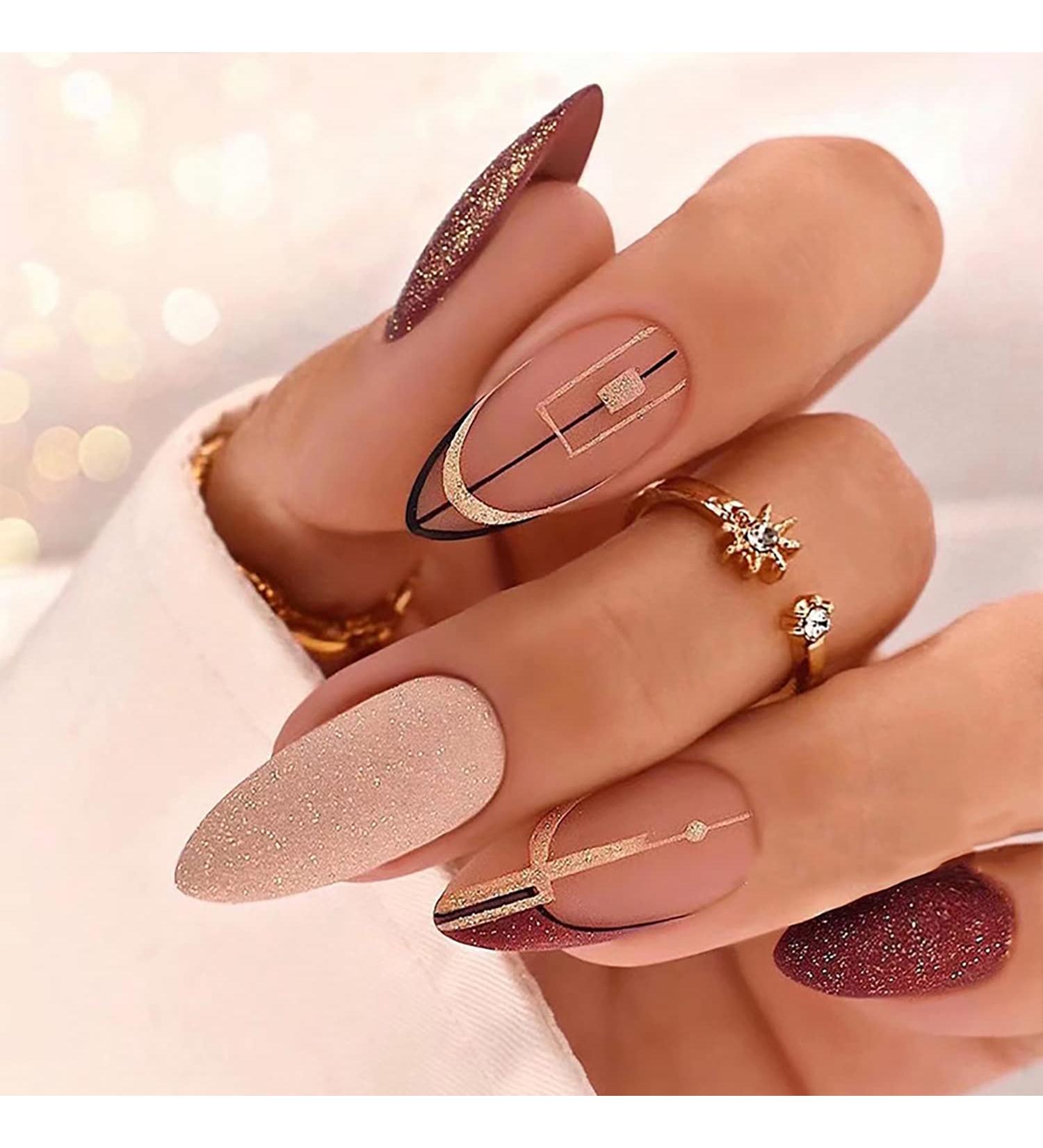 24 Pcs Almond Dark Red Press on Nails | Shiny Powder Frosted Black Line Design | Medium Length Fake Nails for Women - Buy Online on GoSupps.com