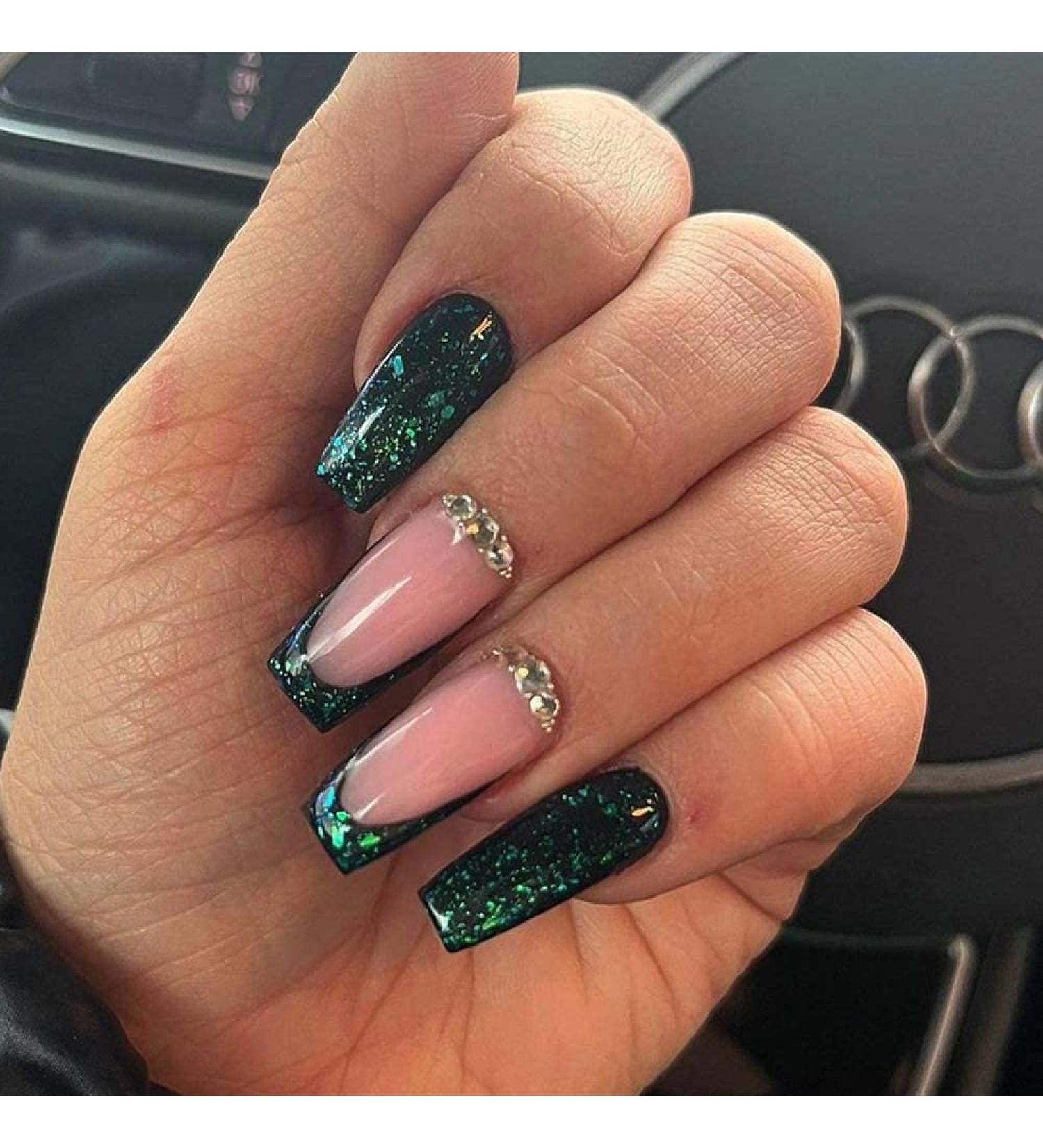 Glitter Emerald Green Press On Nails | Long Coffin French Tip Fake Nails with Rhinestone Design | 24 Pcs Acrylic Stick-On Nails for Weddings & Birthdays - Buy Online on GoSupps.com