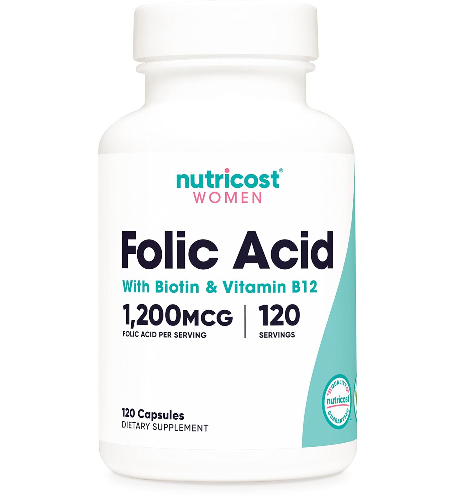 Nutricost Folic Acid for Women 1200mcg - 120 Capsules with B12, Biotin - Veggie Caps, Non-GMO, Gluten-Free - Buy Online on GoSupps.com