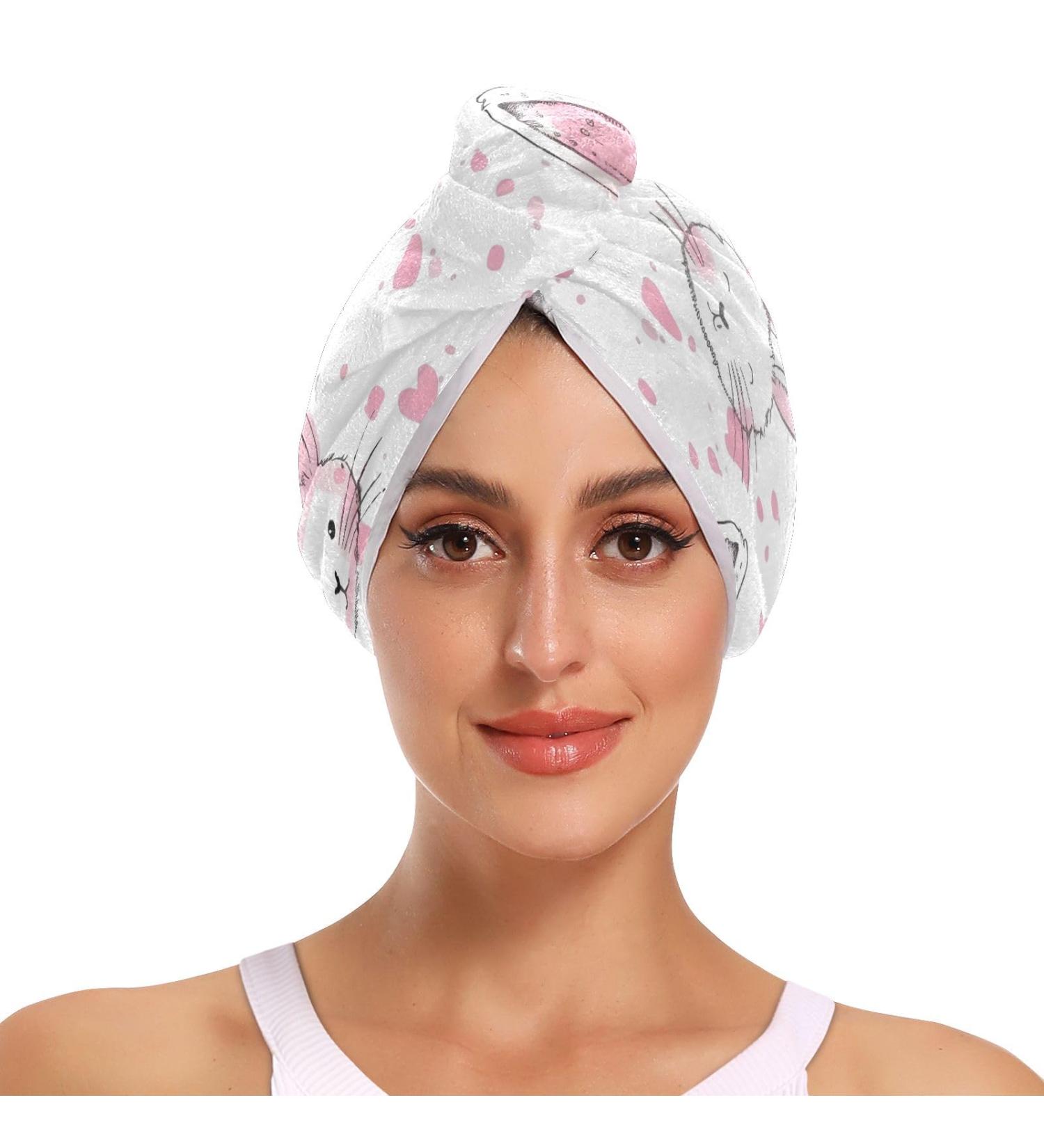 Pink Rabbit Heart Hair Towel 2 Pack - Super Absorbent Quick Dry Hair Turbans for Women & Girls - Buy Online on GoSupps.com