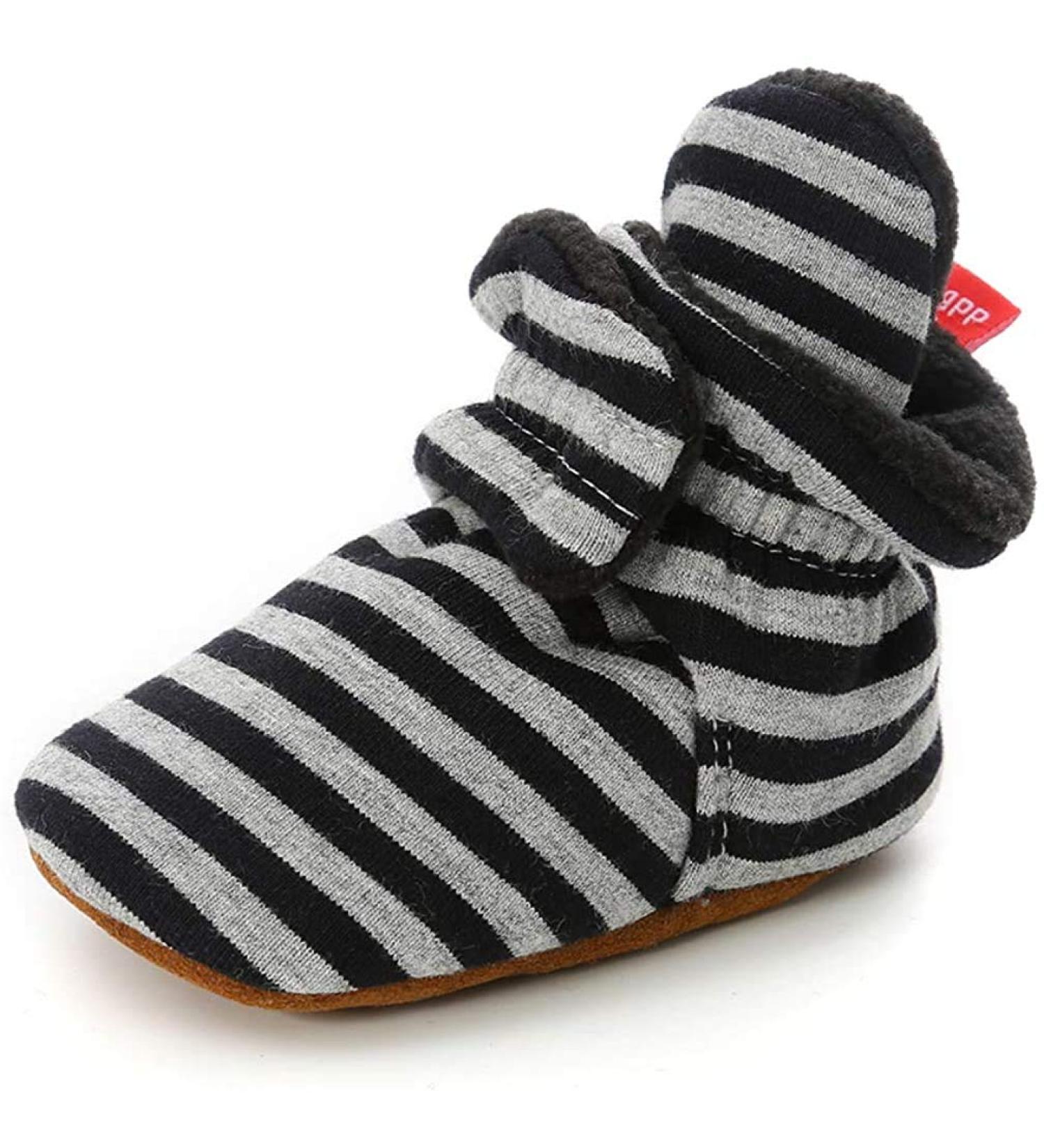 TMEOG Baby Booties Slippers Infant Boots Newborn First Walking Shoes Baby Winter Sock Crib Shoes for Boys Girls 0-18Months 0-6 Months D Dark Black Striped