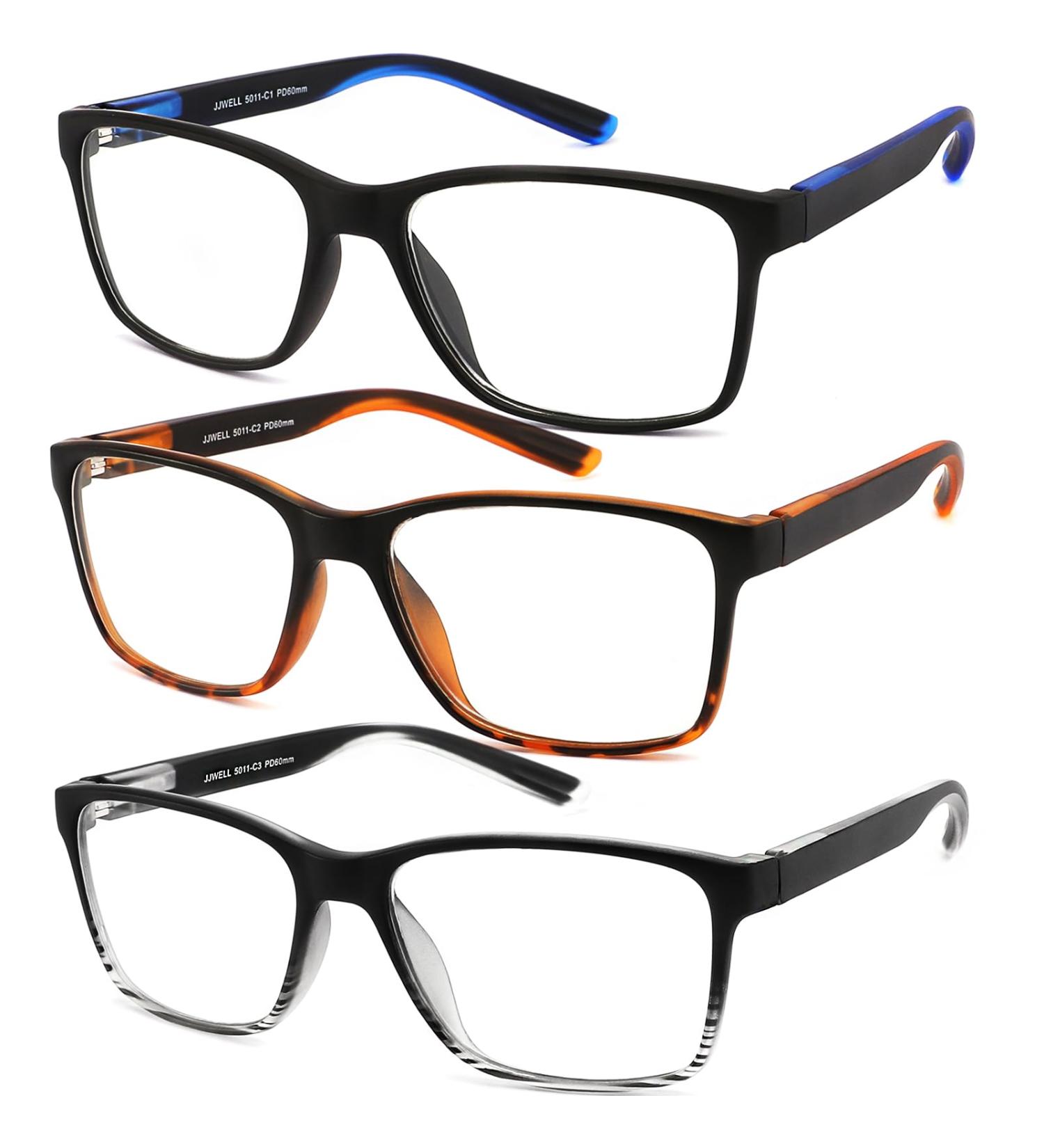 JJWELL 3 Pack Blue Light Blocking Reading Glasses for Men - Spring Hinge Anti Eyestrain UV Protection Large Square Readers - 1.5 Strength Mixed Colors Blue White Orange - Buy Online on GoSupps.com