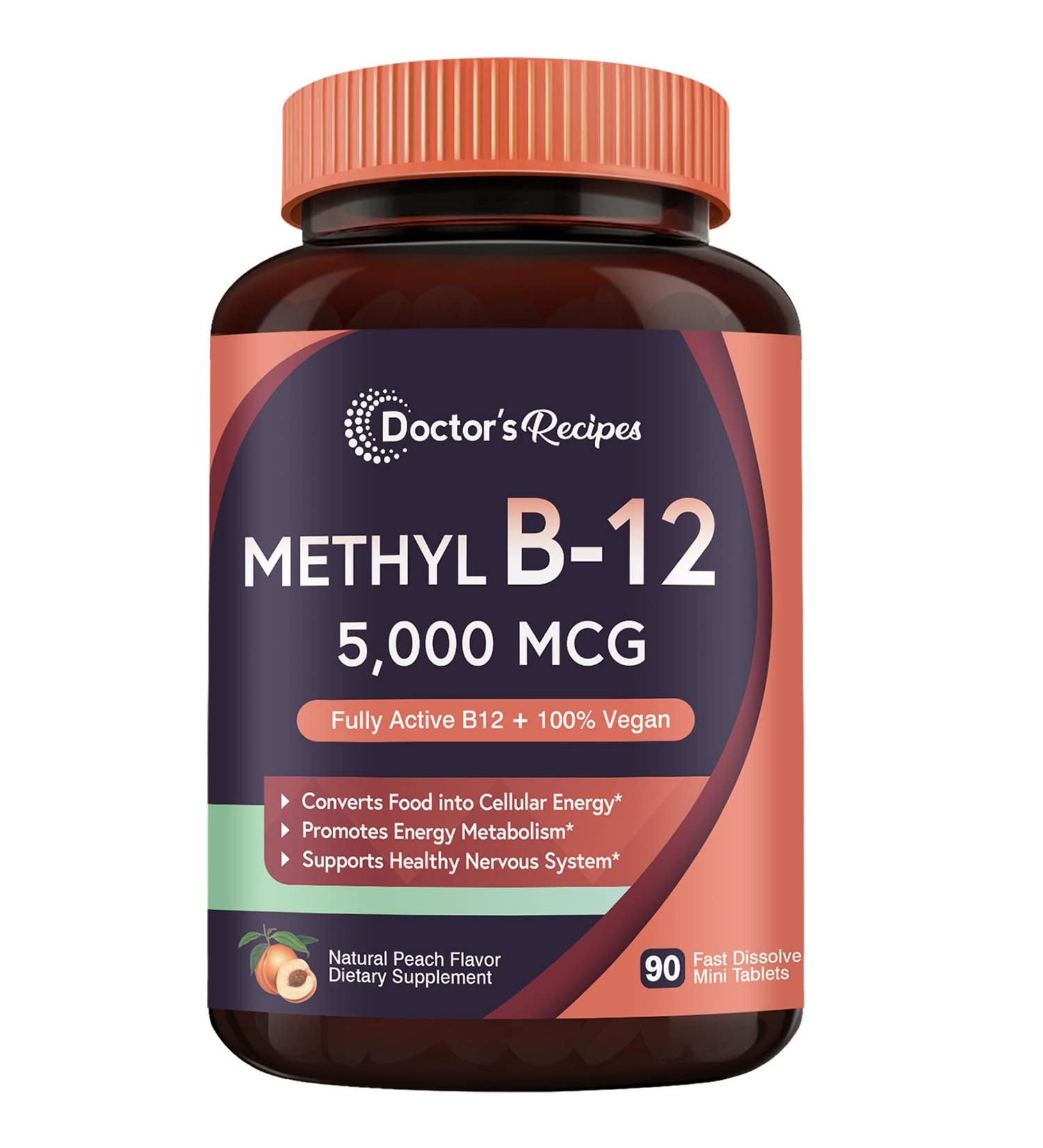 Doctor's Recipes Vitamin B12 Methylcobalamin 5000mcg 90 Fast Dissolve Tablets - Natural Peach Flavor, Vegan, Energy Metabolism & Nervous System Support - Buy Online on GoSupps.com