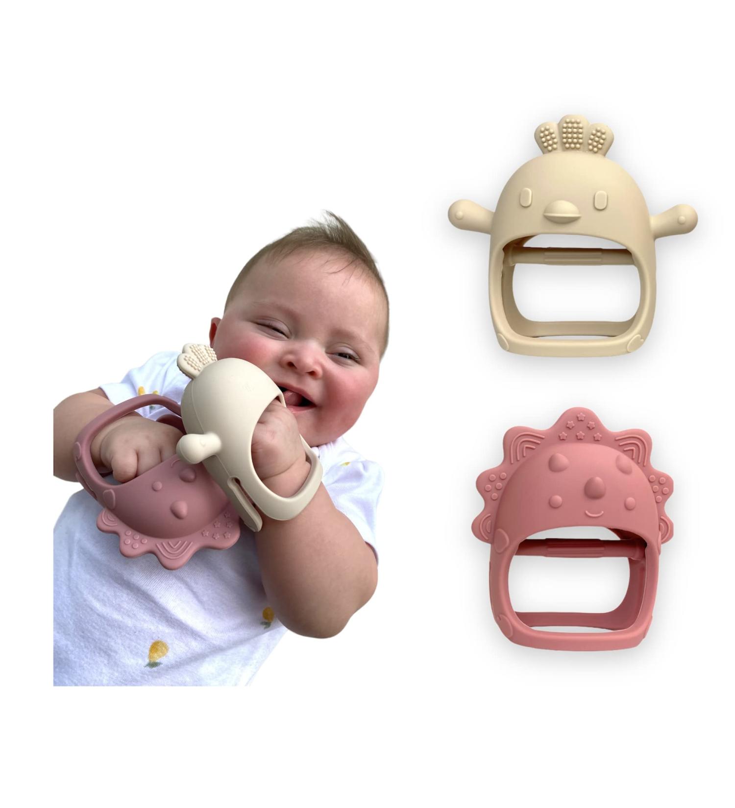 Silicone Baby Teether Set - Anti-Drop Teething Toy & Chew Mitten - Pain Relief Soothing 2 in 1 | Beige Chick & Dark Pink Triceratops - Buy Online on GoSupps.com