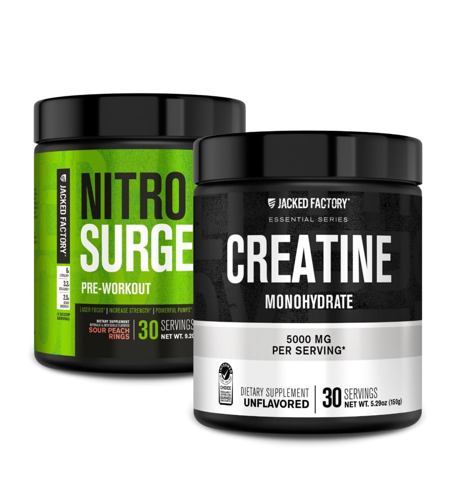 Jacked Factory NITROSURGE Pre Workout Supplement - Instant Strength Gains & Intense Pumps (30 Servings Sour Peach Rings) & Creatine Monohydrate for Muscle Growth (30 Servings Unflavored) - Buy Online on GoSupps.com