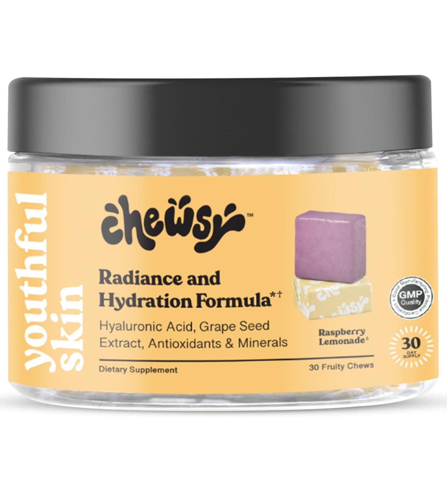 Chewsy Youthful Skin Fruity Chews Vitamins Radiance & Hydration Formula Hyaluronic Acid Grape Seed Extract Antioxidants & Minerals Vitamins Raspberry Lemonade Flavor 30-Day Supply Youthful Skin 30 Count (Pack of 1) - Buy Online on GoSupps.com