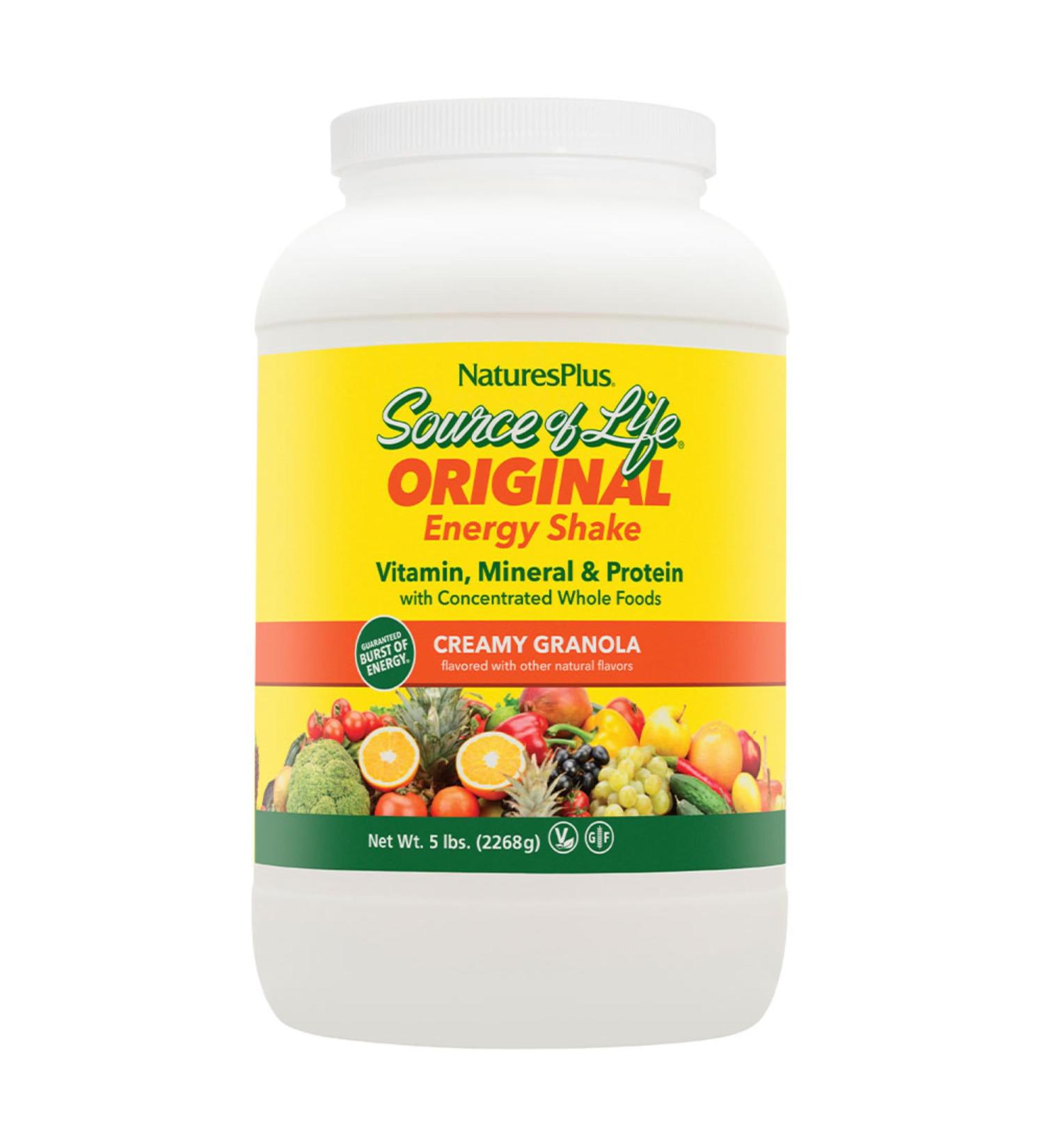 NaturesPlus Source of Life Energy Shake - 5 lbs Vegetarian Drink Mix - Granola Flavor - Multivitamin Mineral & Protein Powder - Whole Food Meal Replacement - Non-GMO Gluten-Free - 58 Servings 5 Pound (Pack of 1) - Buy Online on GoSupps.com