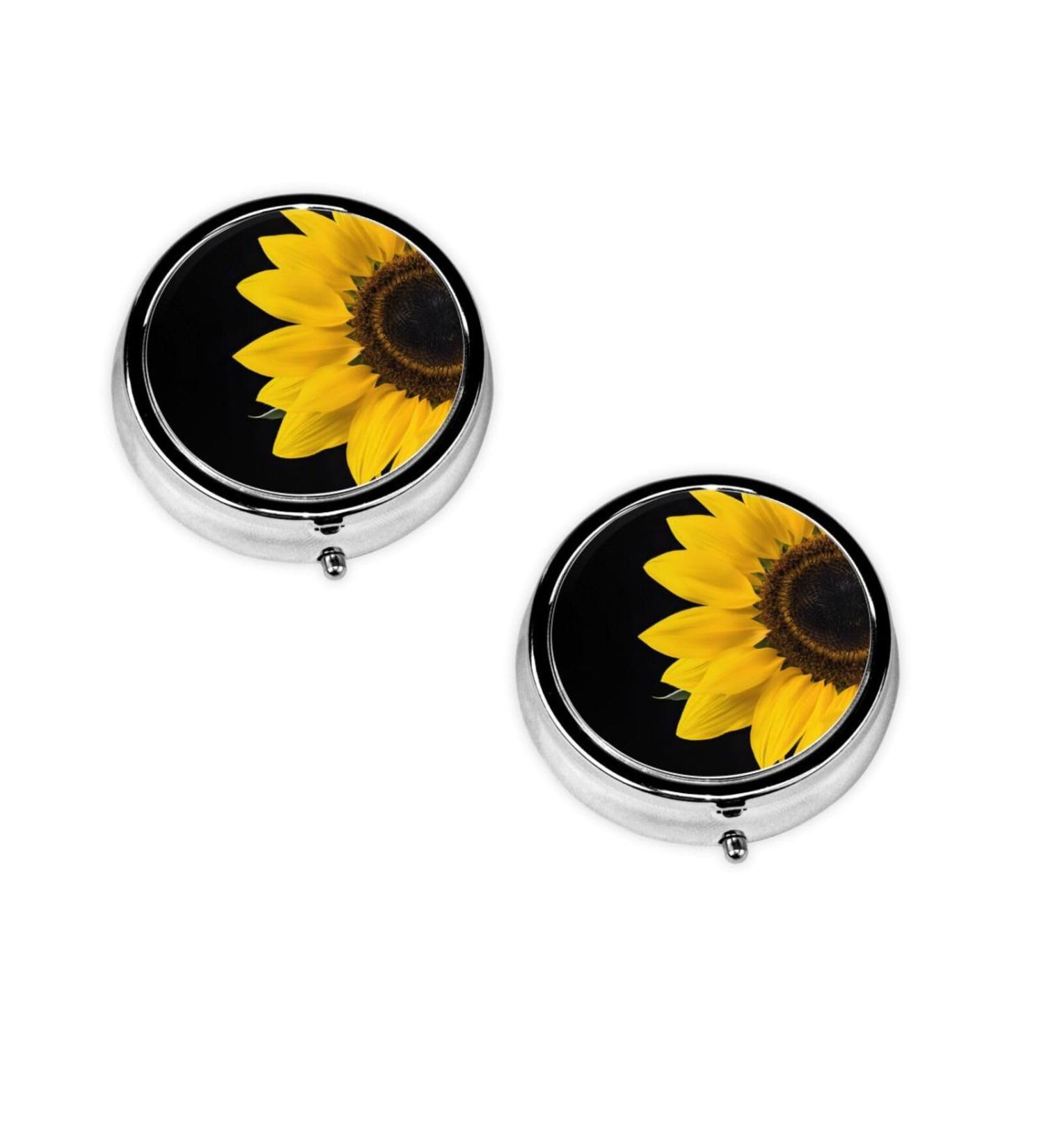 Wild Sunflower Round Pill Box - 3 Compartment Mini Decorative Pocket Organizer for Travel & Vitamins - Buy Online on GoSupps.com
