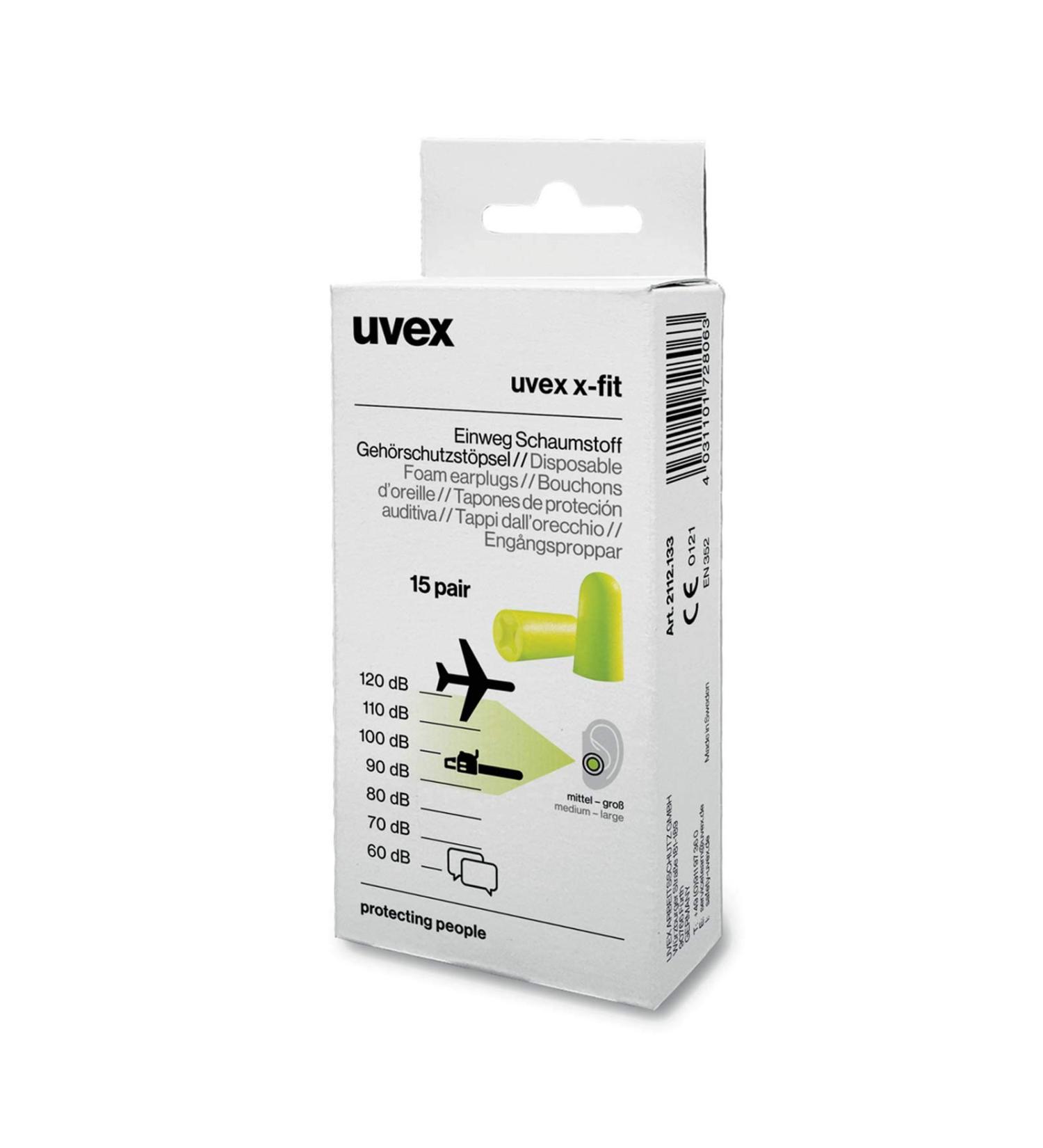 UVEX x-fit earplugs ergonomic earplugs made of soft PU foam hearing protection with ideal insulation performance content: 15 pairs
