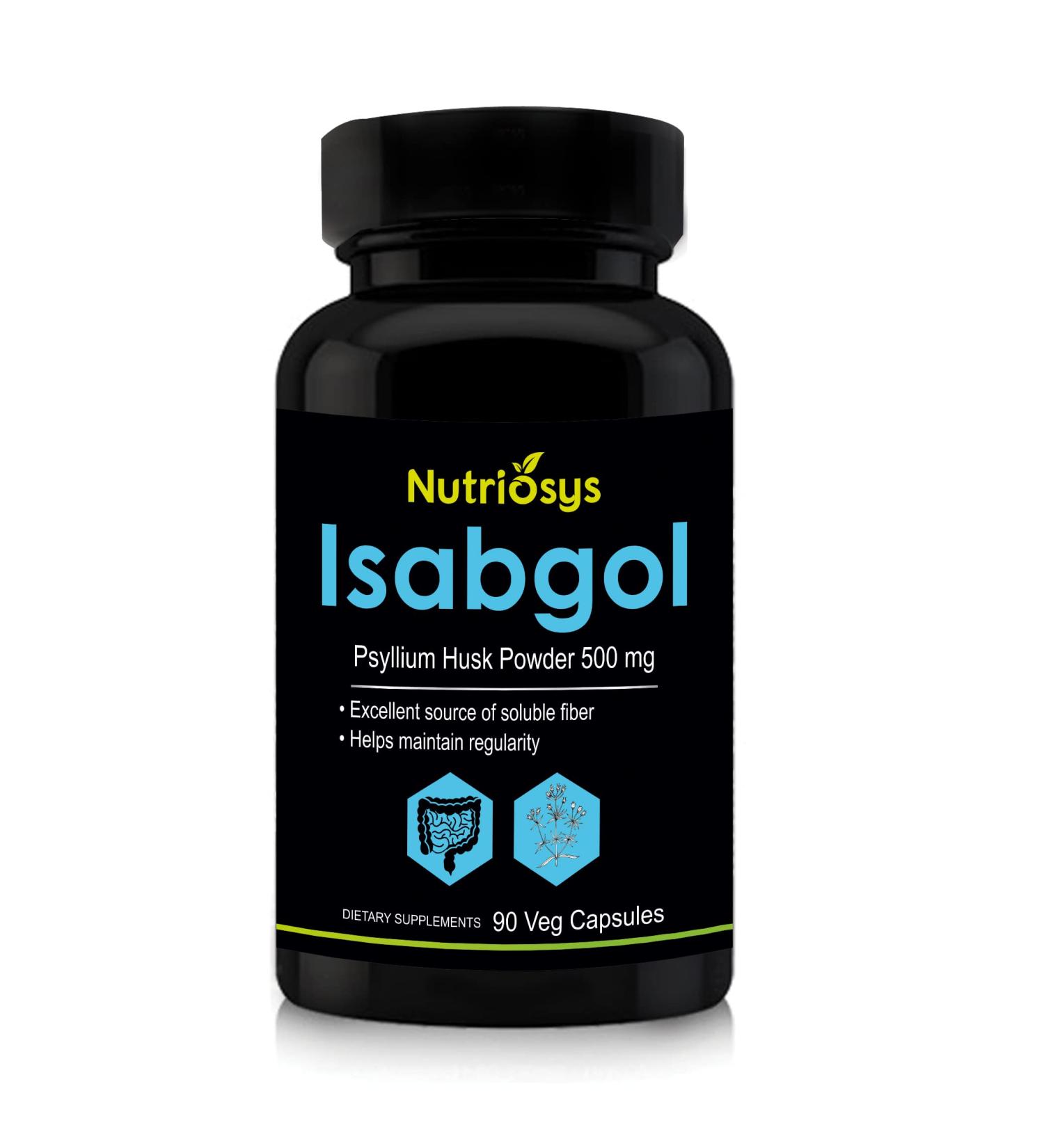 Nutriosys Isabgol Psyllium Husk 500mg Supplement Excellent Source of Soluble Fiber 90 Veg Capsules - Buy Online on GoSupps.com