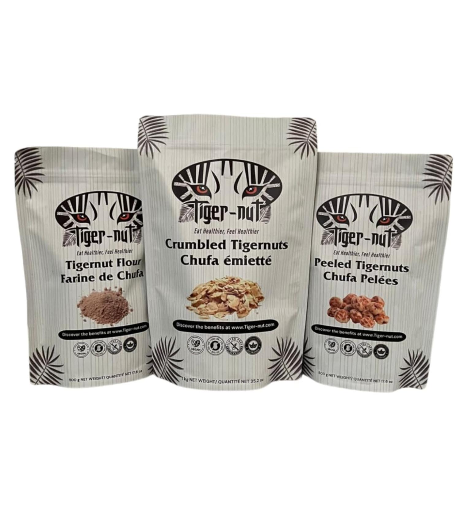 Tiger-Nut Health Nut Bundle 1 KG Peeled Tigernuts 500 Grams Tigernut Flour 500 Grams Crumbled Tigernuts Non-GMO Vegan Gluten-Free Nut-Free - Buy Online on GoSupps.com