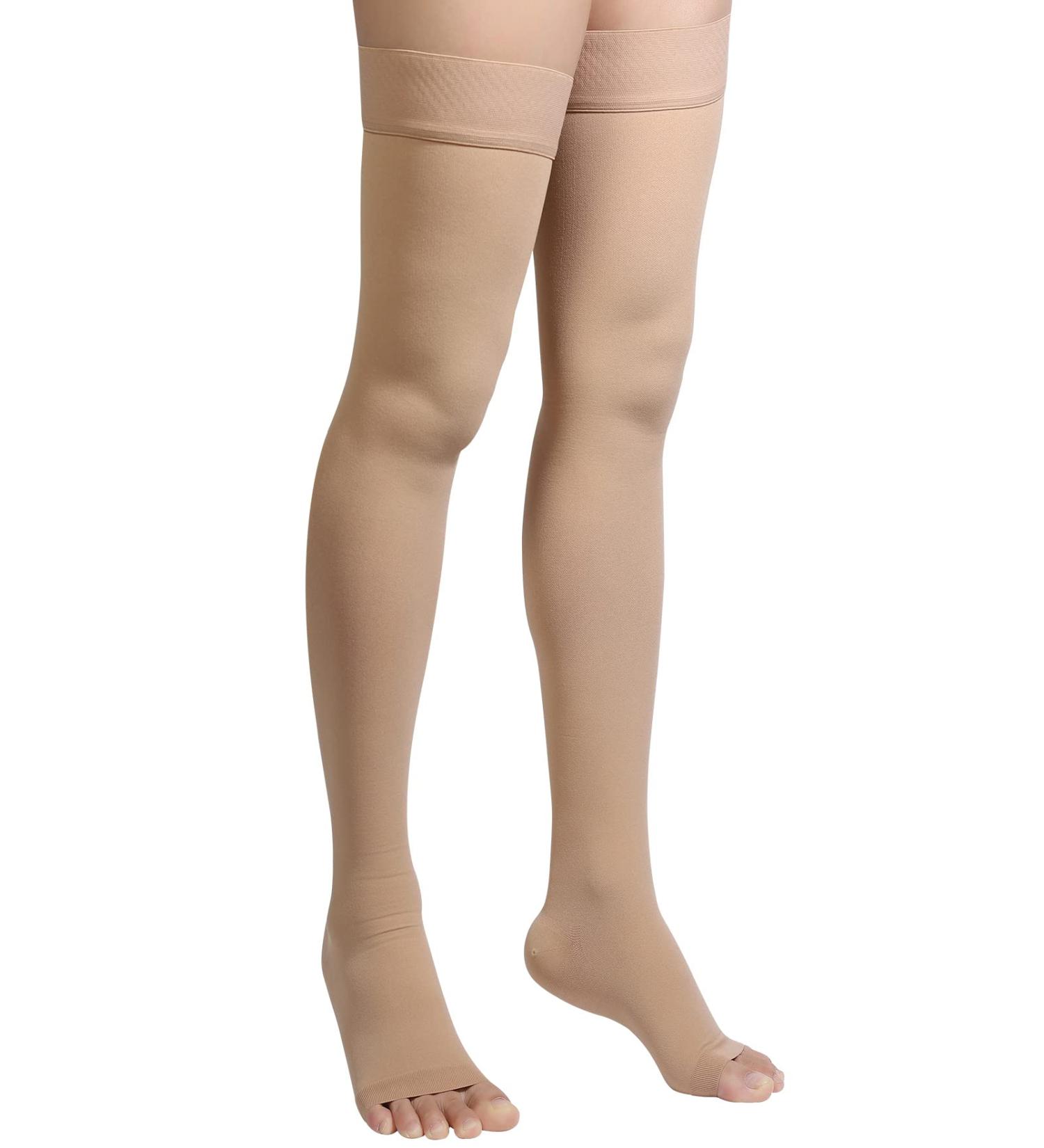 Thigh High Compression Stockings Open Toe Pair Firm Support 20-30mmHg - Silicone Band, Unisex, Beige, M - Buy Online on GoSupps.com