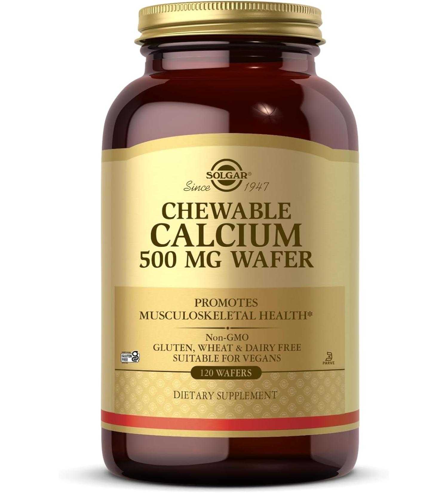 Solgar Chewable Calcium 500 mg - 120 Wafers | Promotes Musculoskeletal Health | Non-GMO, Vegan, Gluten, Wheat, Dairy Free & Kosher | 60 Servings - Buy Online on GoSupps.com