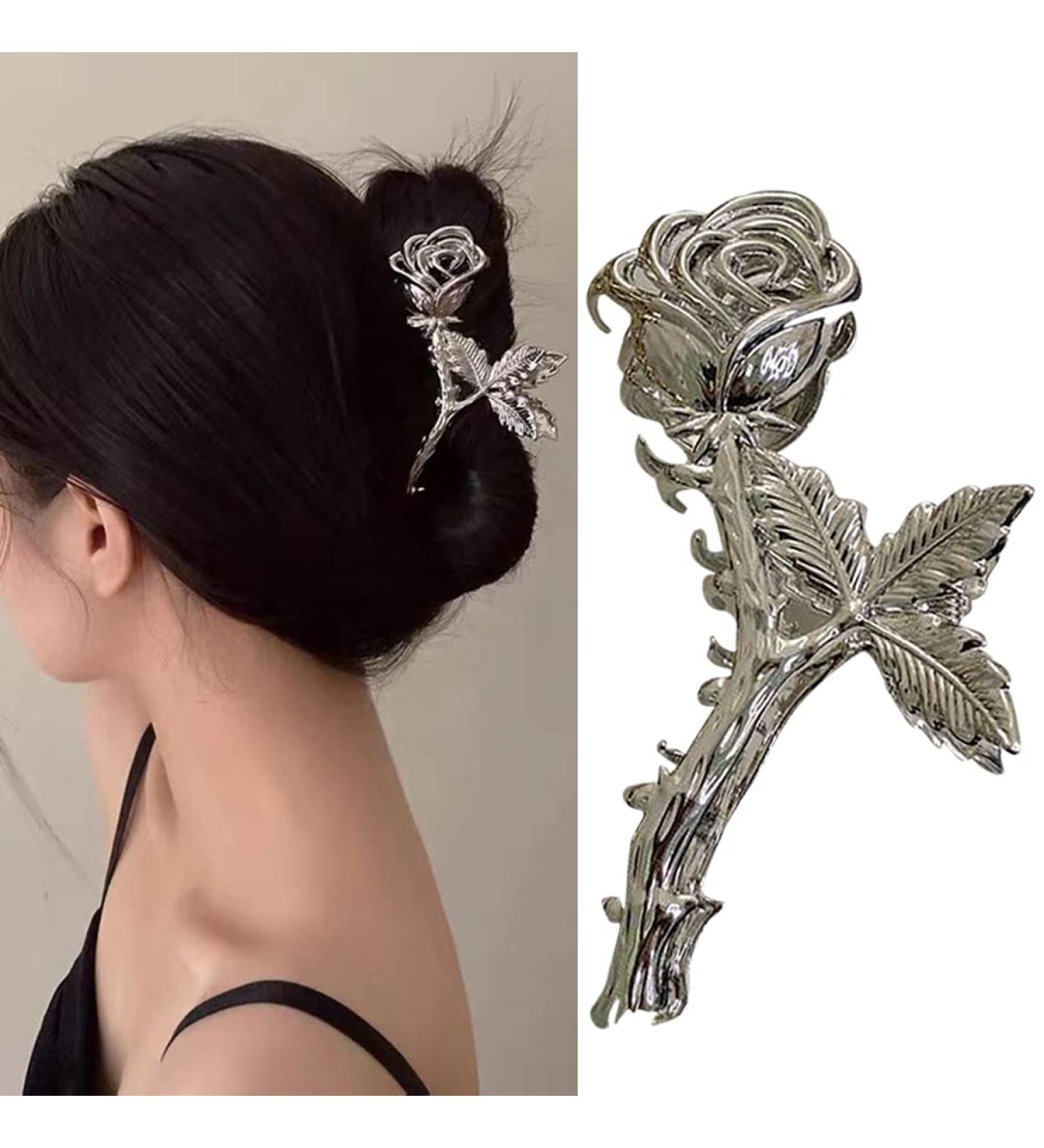 Rose Shape Silver Hair Claw Clip - Nonslip Metal Hair Catch for Thin & Thick Hair - Gold Hairpin Accessory for Women - Buy Online on GoSupps.com