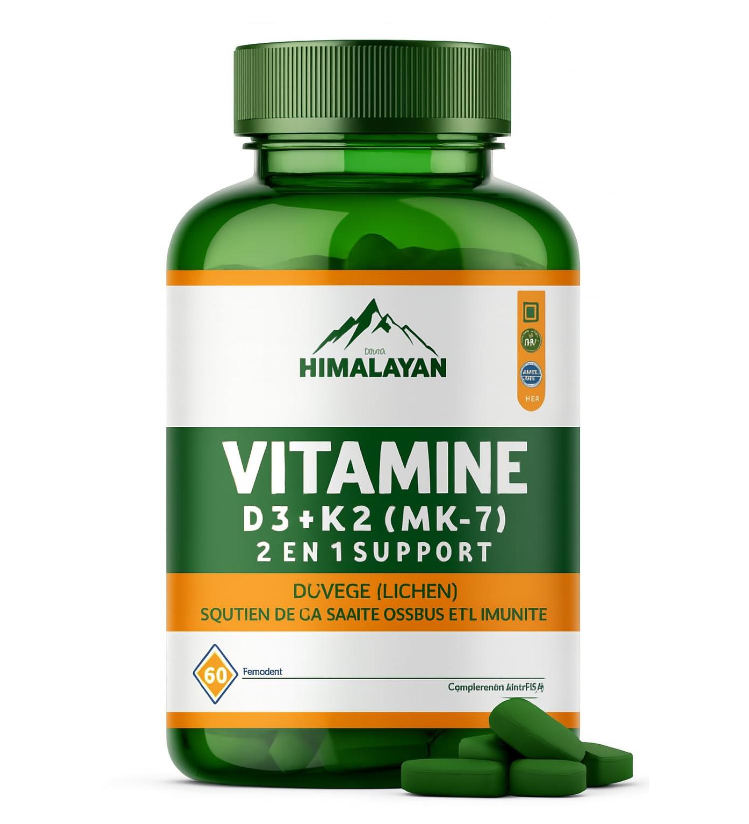 Divya Himalayan Plant Based Vitamin D3 K2 Supplement Support Bone & Heart Health Vitamin D3 & 90 mcg Vitamin K2 for Immune Support & Calcium Absorption - 60 Tablets 5000 IU - Buy Online on GoSupps.com