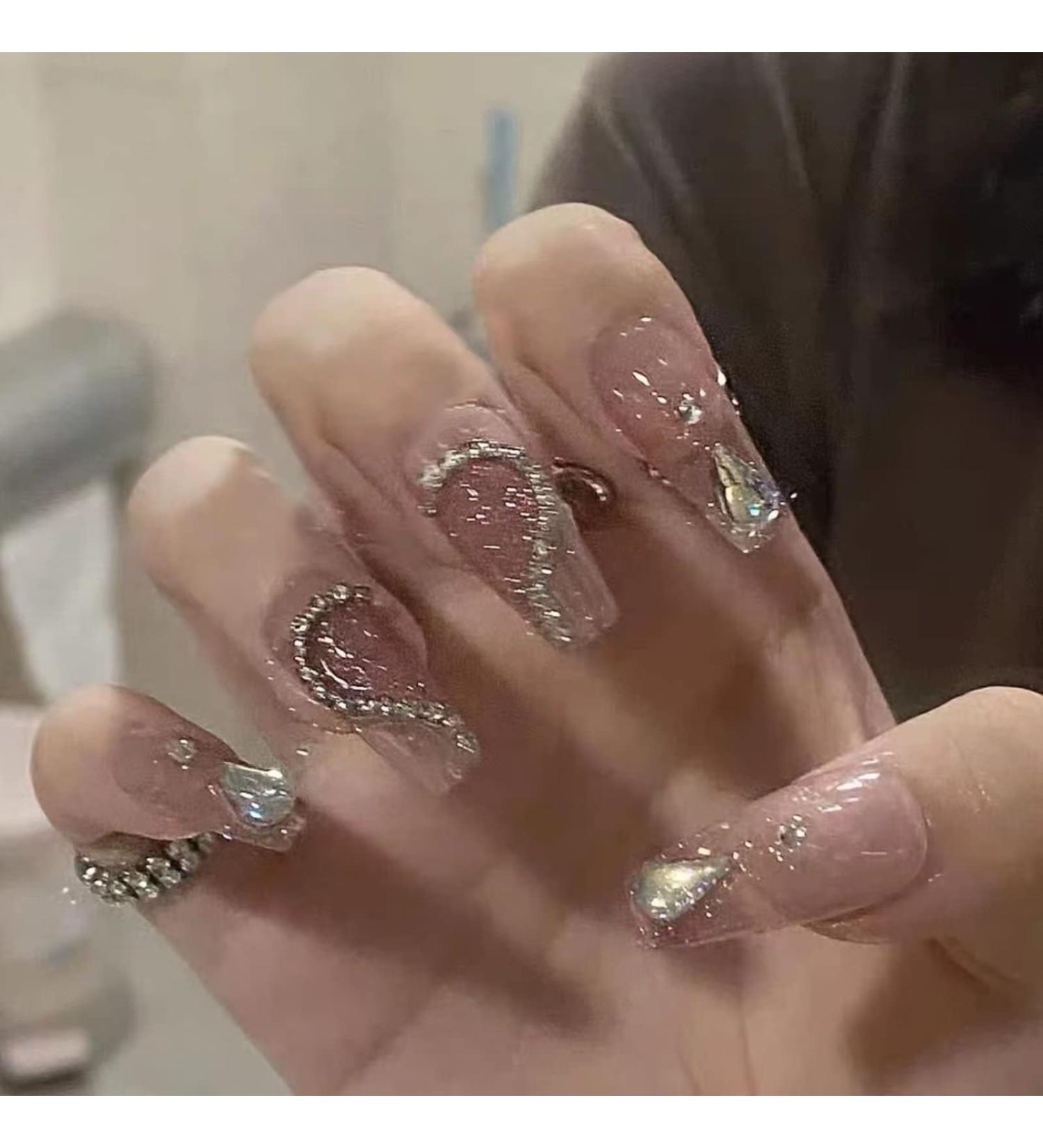 24Pcs Coffin Shape Press on Nails with Rhinestone French Designs - Medium Length Fake False Nails Ballet Nail Kit for Women and Girls - Buy Online on GoSupps.com