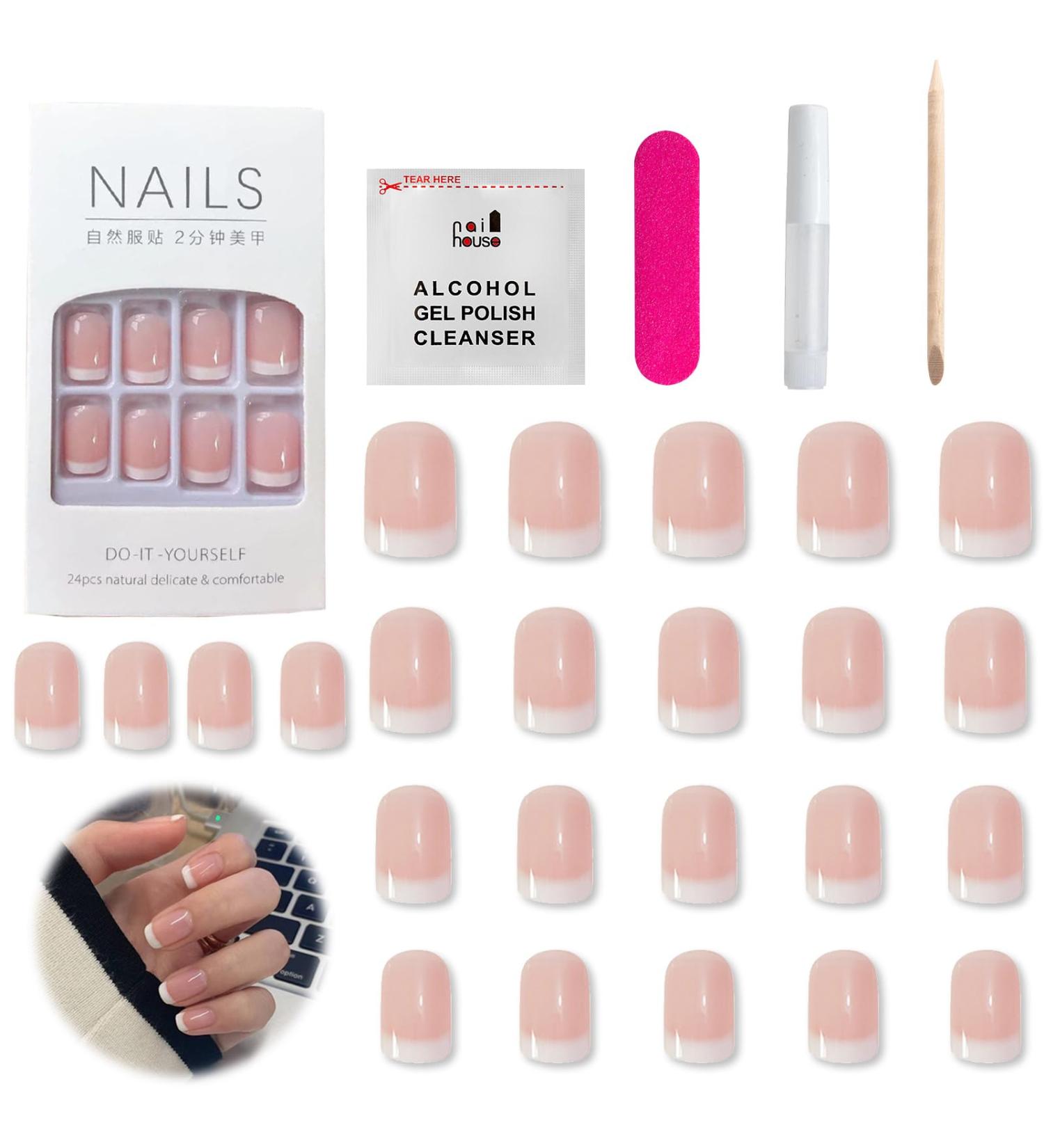 24 Pcs French False Nails Short Square Press on Nails Full Cover False Nails Nude Reusable Semi-Transparent Nails for Women and Girls Nail Art Accessories - Buy Online on GoSupps.com