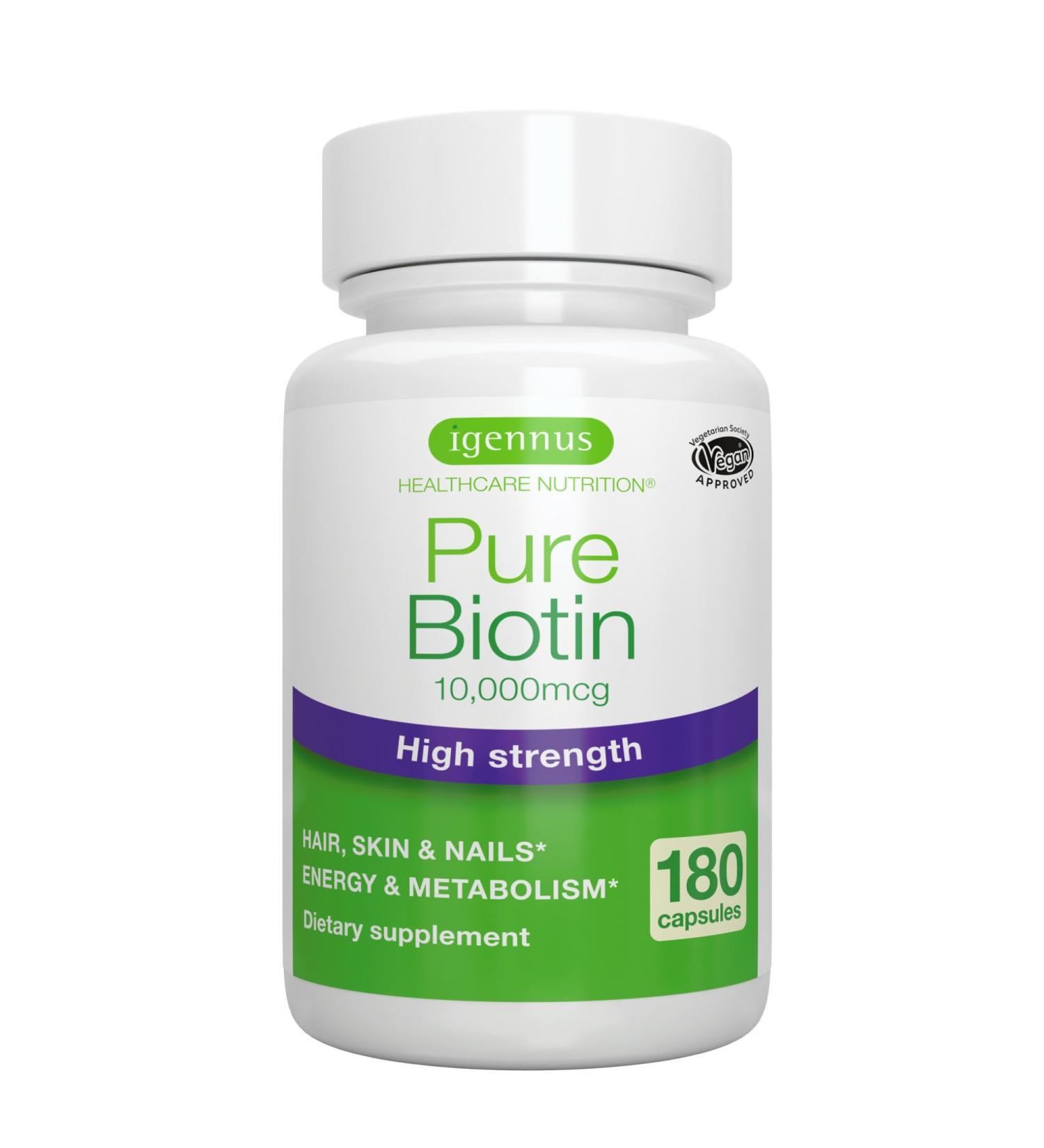Biotin 10,000mcg High Strength Supplement - 180 Small Tablets for Hair, Skin & Nails - Lab Verified, Vegan & Hypoallergenic by Igennus - Buy Online on GoSupps.com