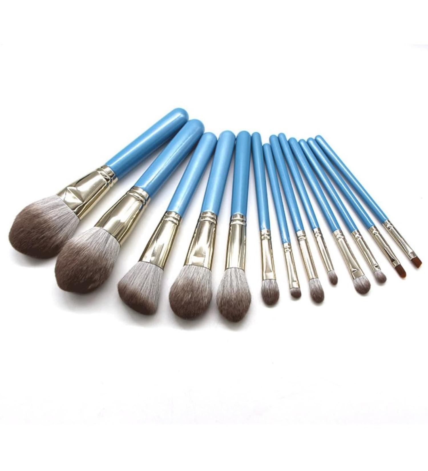 13-Piece High-End Makeup Brush Set - Granny Gray Solid Wood Handle & Blue Accents | International Shipping - Buy Online on GoSupps.com