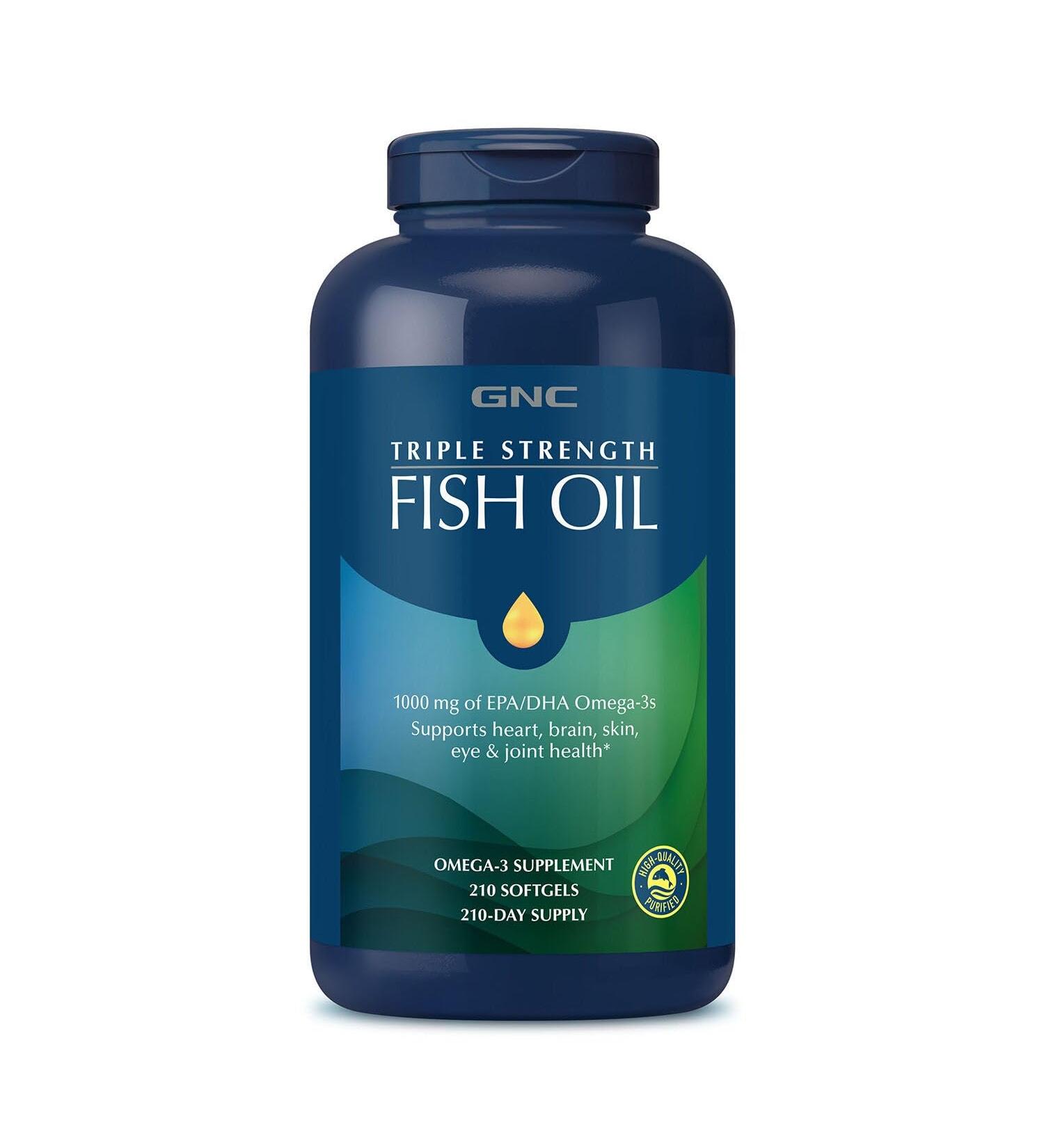 GNC Triple Strength Fish Oil Omega 3 Supplement 1000mg EPA and DHA Supports Heart Brain Skin Eye and Joint Health 210 Softgels - Buy Online on GoSupps.com