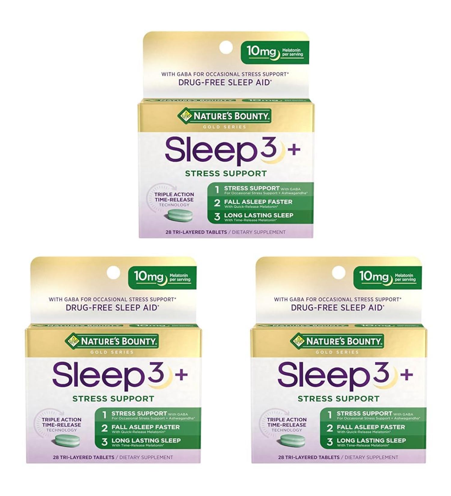 Nature's Bounty Sleep + Stress Support Sleep3 Maximum Strength 100% Drug Free Sleep Aid Dietary Supplement with Ashwagandha Time Release Technology 10mg 28 Tri-Layered Tablets (Pack of 3) - Buy Online on GoSupps.com