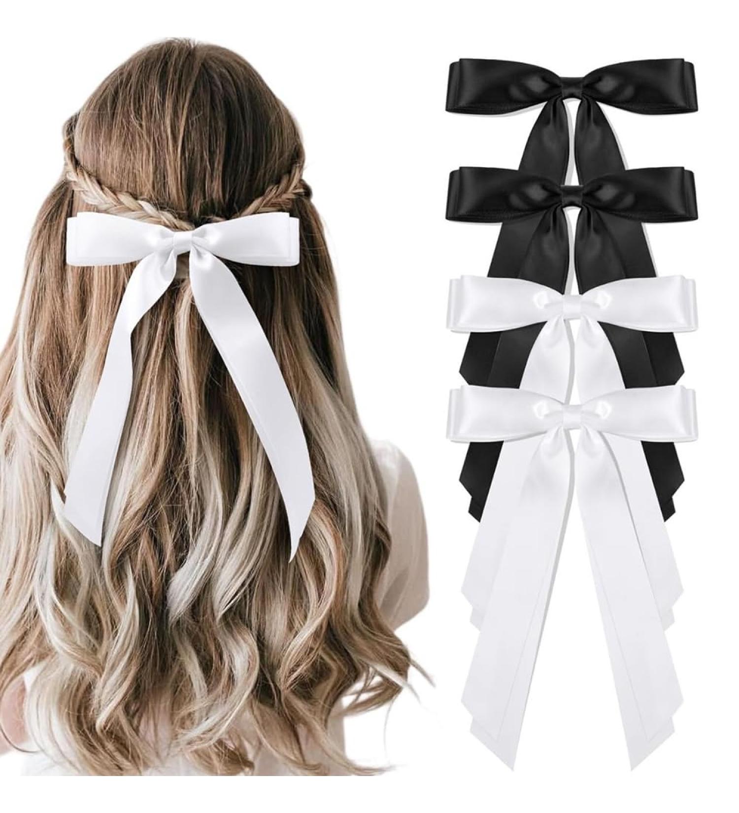 CHIULOIAN 4PCS Hair Bow Clips for Women Girls Black White Long Tail Bow Hair Clips Tassel Ribbon Bowknot Clips Hair Barrette Accessories for Birthday Party Show - Buy Online on GoSupps.com