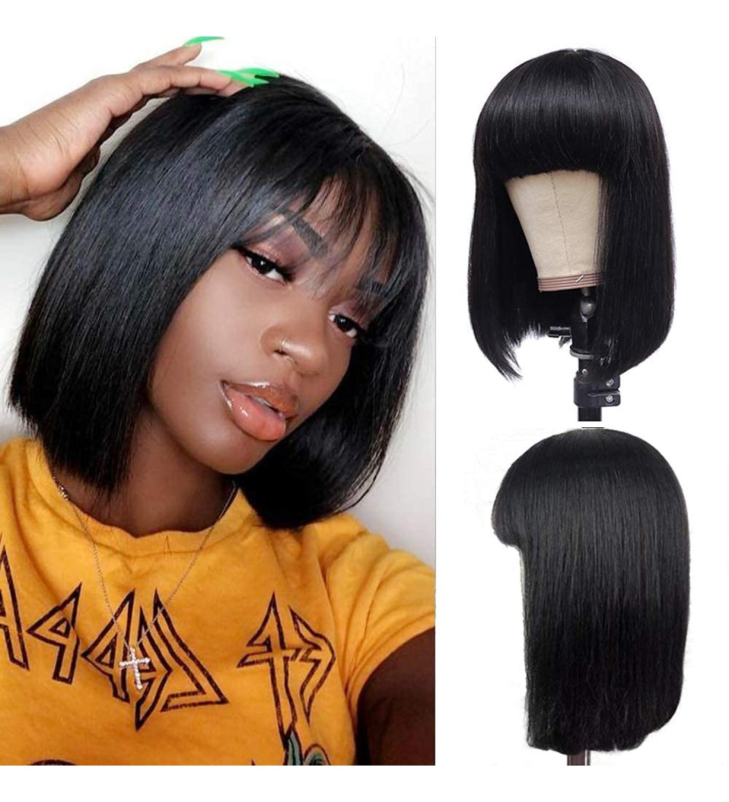 Brazilian Straight Bob Wig with Bangs - 100% Remy Human Hair, Glueless for Black Women - Buy Online on GoSupps.com