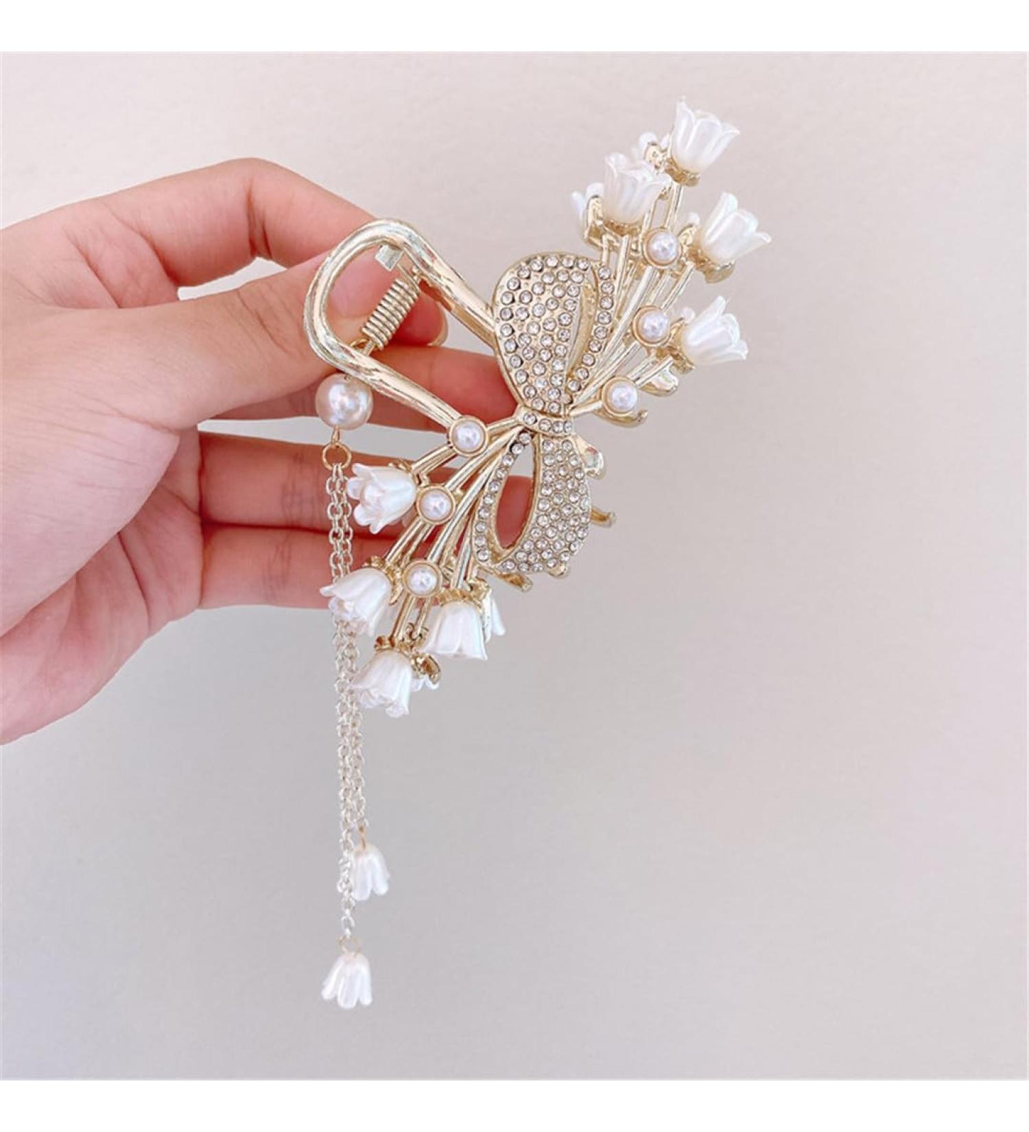 Women's hair accessories banana hair clips Korean Orchid Lily Claw Clip Retro Pearl Tassel Ponytail Claw Clip Girl Hair Accessories (Color : TS5327 3) - Buy Online on GoSupps.com