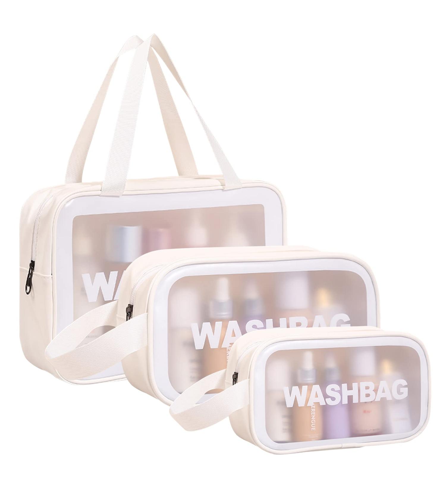 3 Pcs Clear Toiletry Bag Set for Women - Waterproof Transparent Travel Cosmetic Makeup Bags in White - Ideal for Toiletries, Cosmetics, and Holiday Travel - Buy Online on GoSupps.com