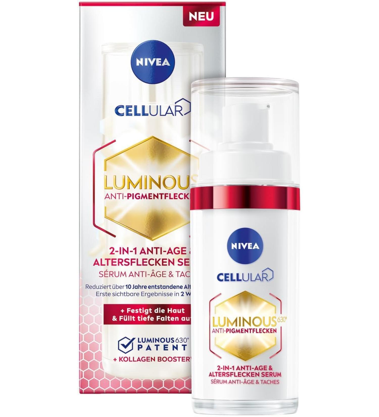 Nivea Anti-Aging Serum for Pigment Spots - Collagen Booster & Hyaluronic Acid Facial Care (30ml) | Cellular Luminous630 2-in-1 Solution - Buy Online on GoSupps.com