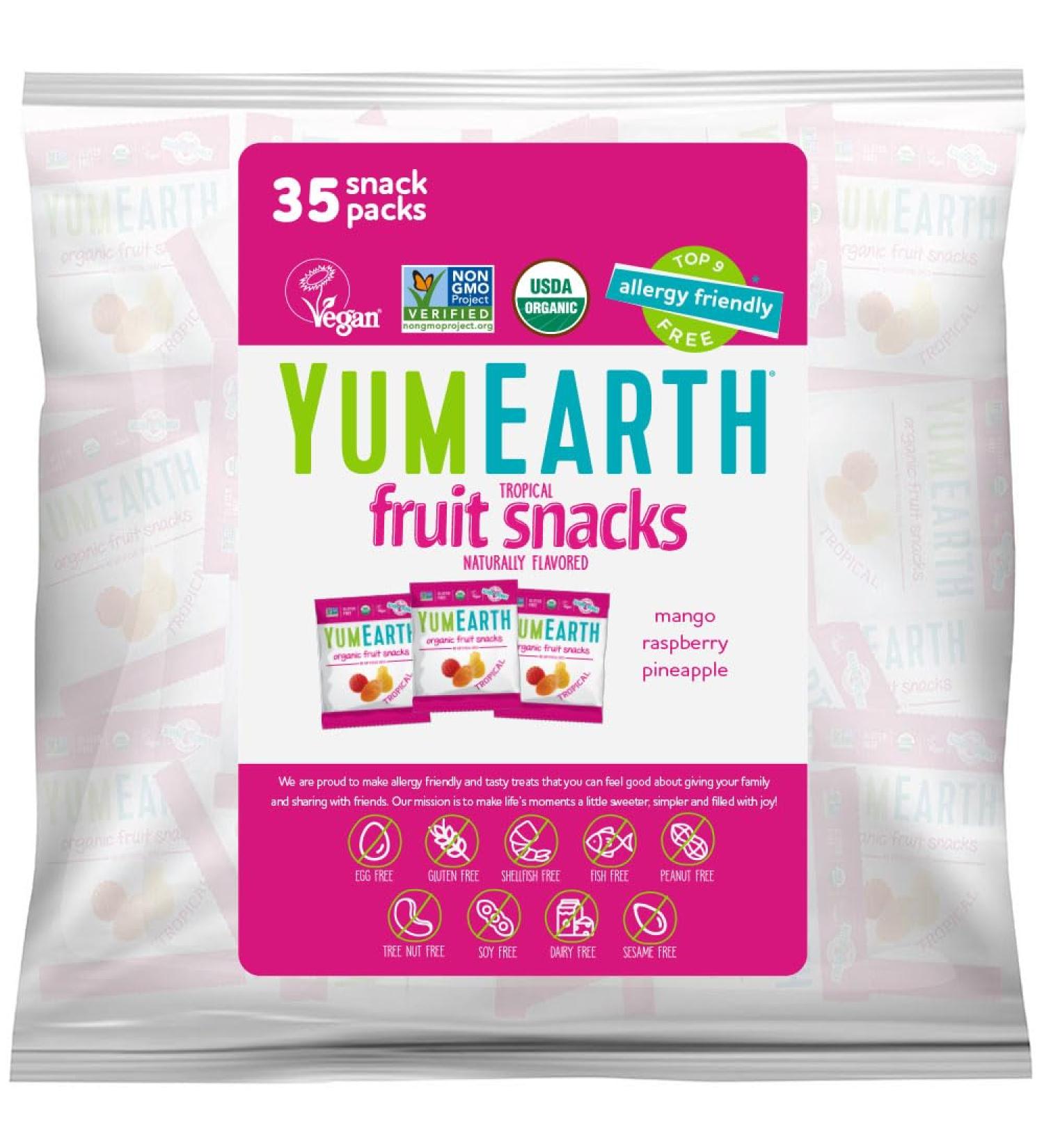 YumEarth Organic Tropical Fruit Snacks - Gluten Free Gummies for Kids - Non-GMO Vegan Snack Packs - 35 Pack 0.7 oz - Allergy Friendly  No Artificial Flavors or Dyes - Buy Online on GoSupps.com