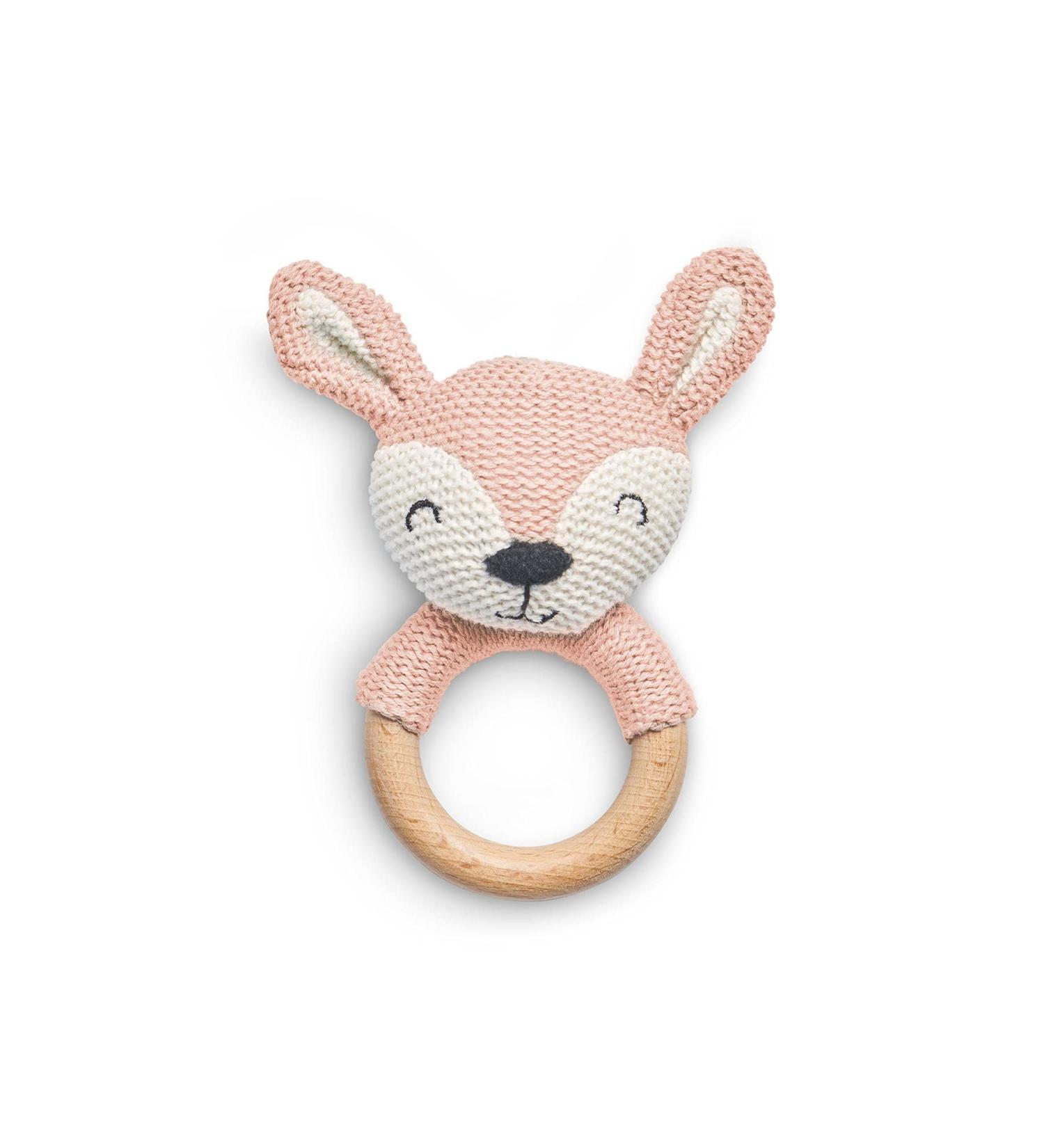 Jollin wood Beißring Baby Deer Pale Pink - Hirsch - Wooden Toys - Baby Rattle Greifling - knitted cotton - dental aid - baby toys - pink pale pink 1 piece (1 Pack)