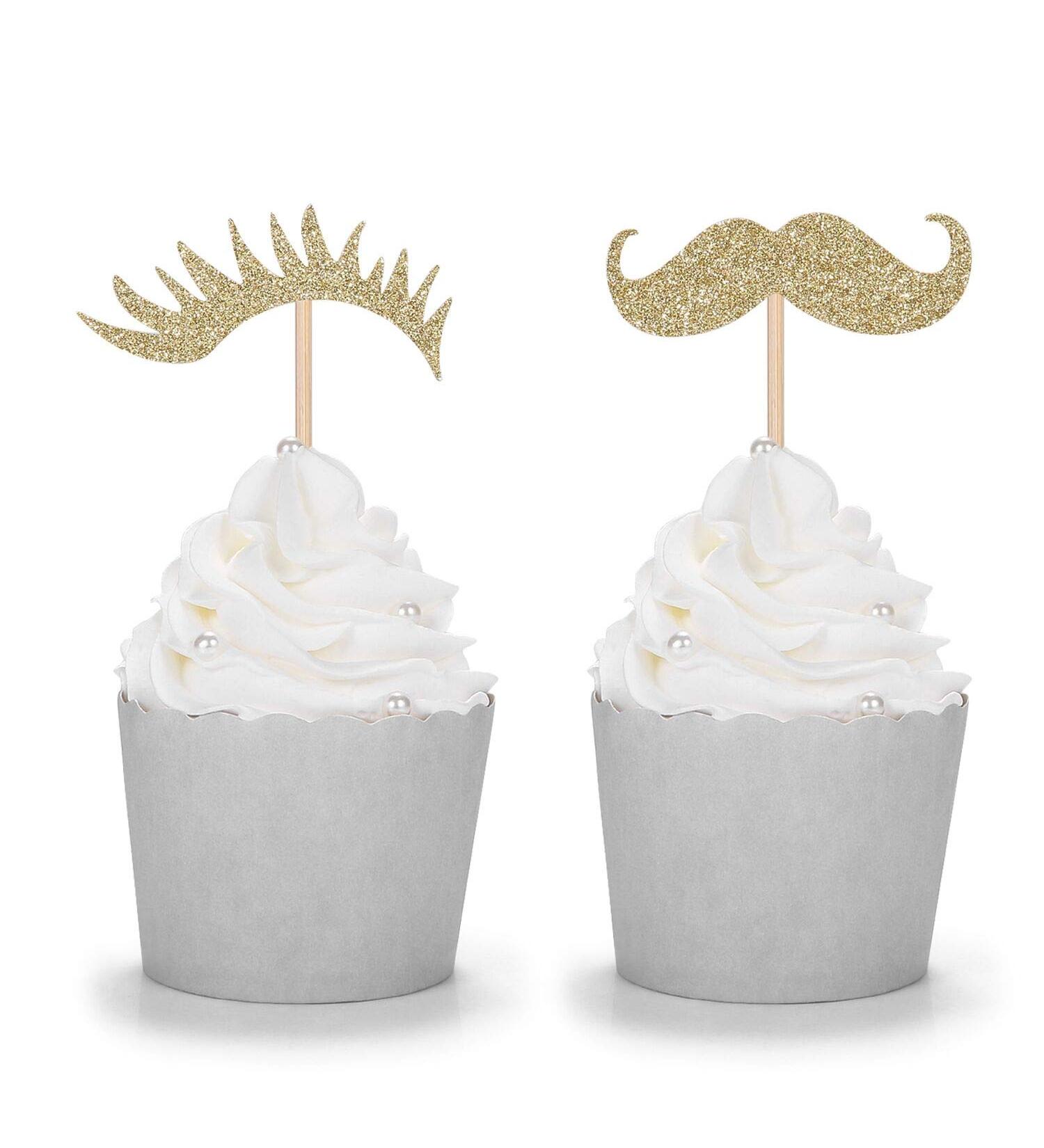 24 Gold Glitter Stashes or Lashes Cupcake Toppers for Gender Reval Party Baby Shower Decorations