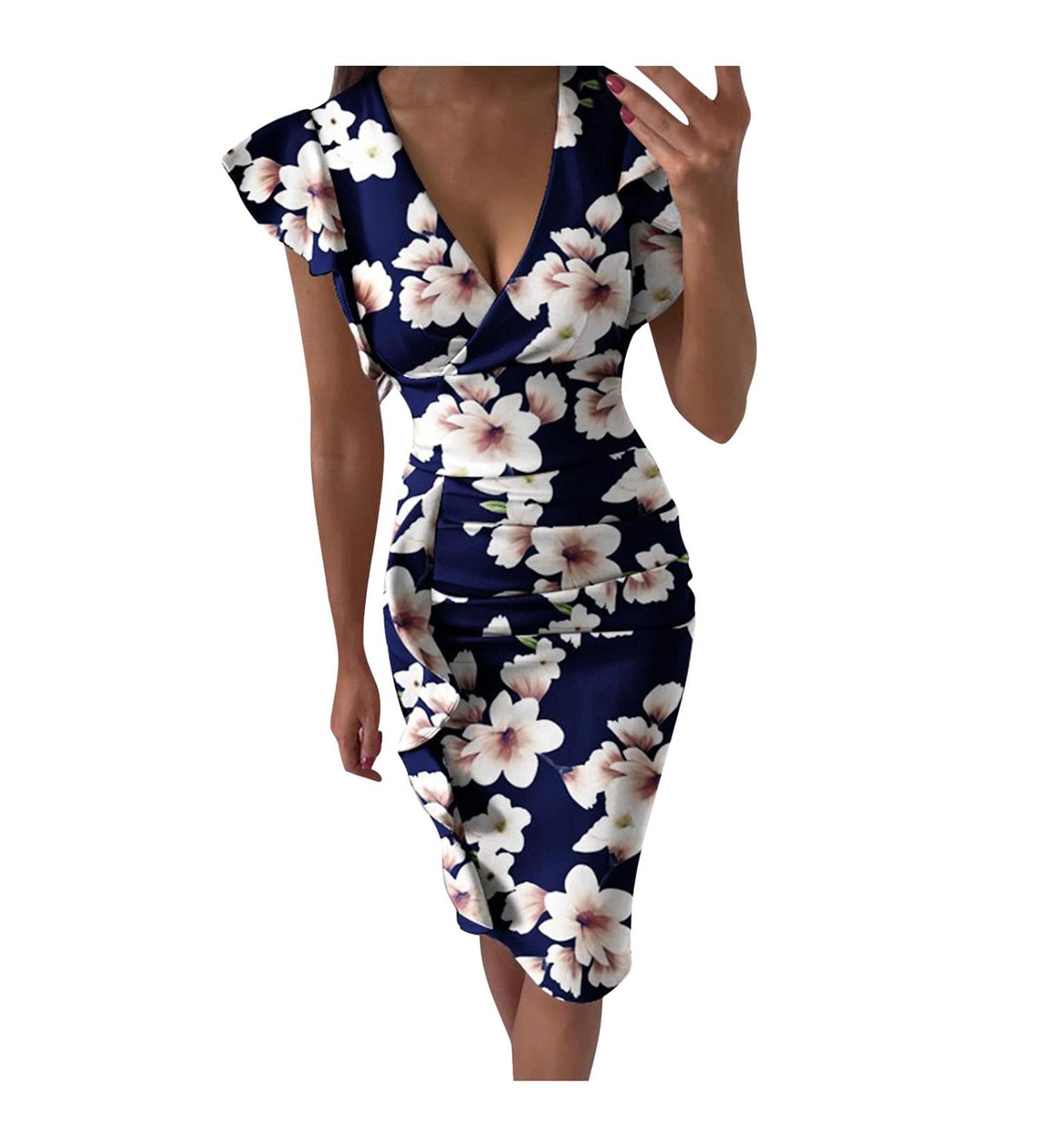 Briskyry V-neck flowers case of the knee long business dresses women summer elegant bustier festival dresses sexy ruffled hems.