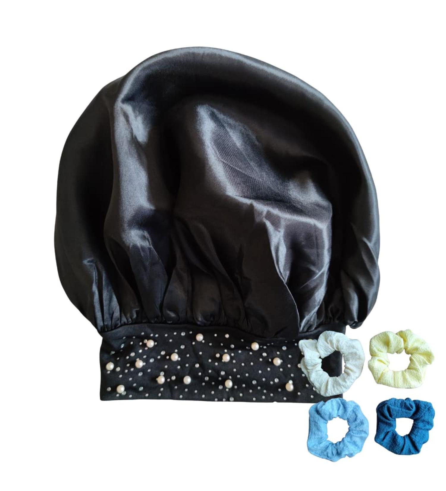 Silk Satin Bonnet Sleep Cap for Women with Pearls & Rhinestones - Black - Buy Online on GoSupps.com