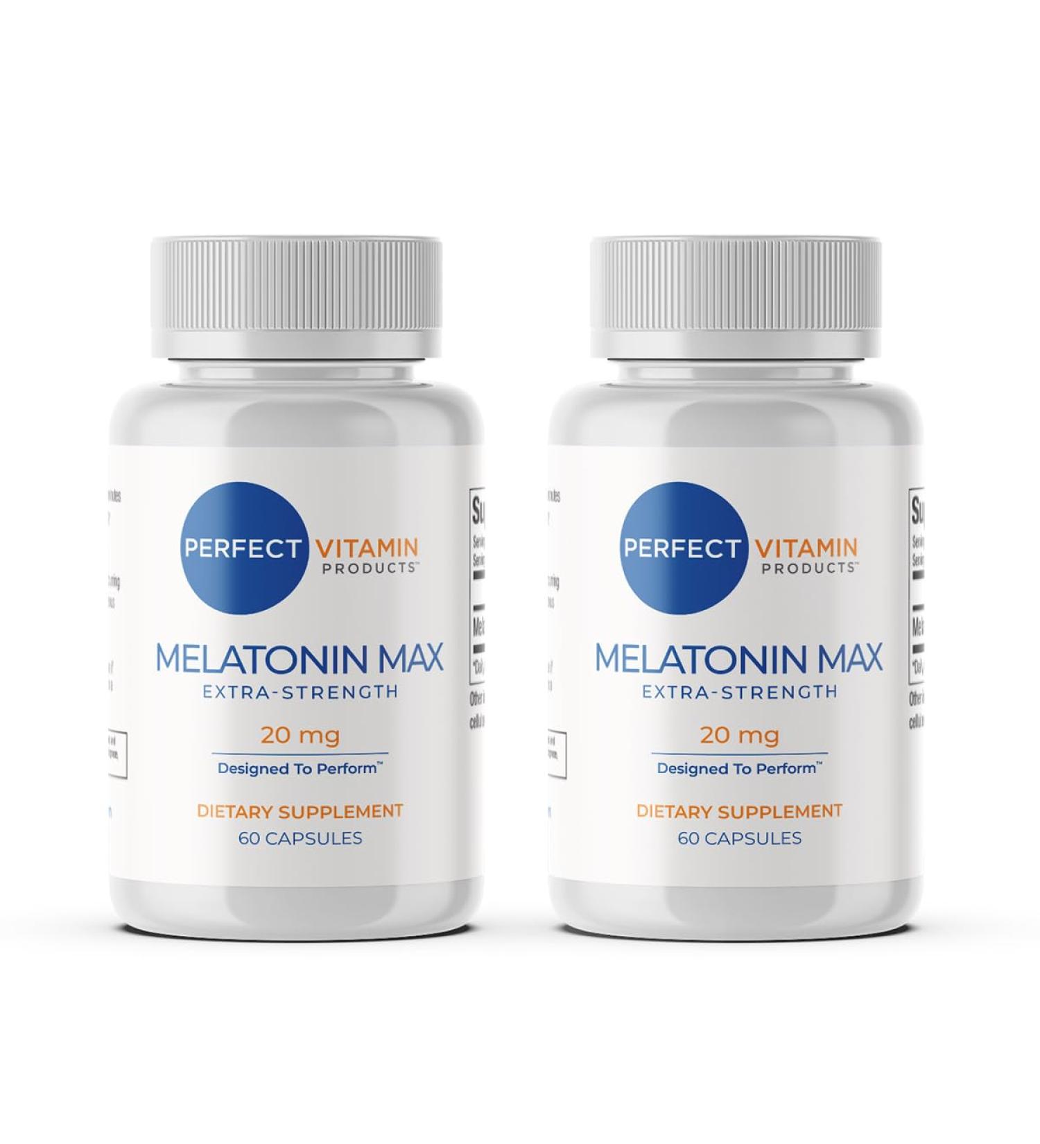 Perfect Vitamin Products 20mg Extra Strength Melatonin MAX High Dosage Melatonin Sleep Aid and Jet Lag Adjustment Support 100% Drug-Free, Vegan, Non-GMO, Gluten-Free (2-Pack) - Buy Online on GoSupps.com