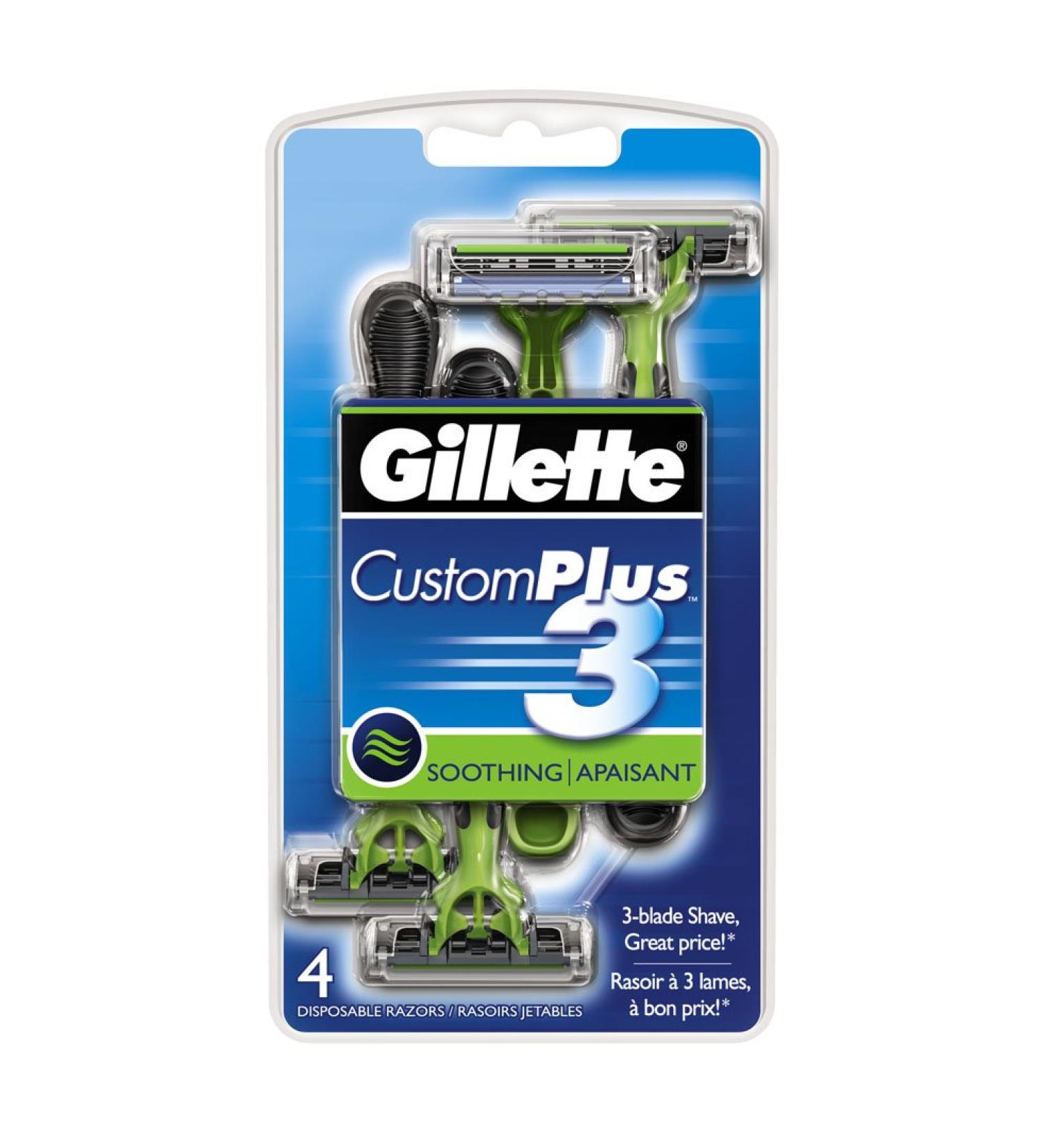Gillette CustomPlus 3 Disposable Razor, Soothing, 4 Count, Mens Razors / Blades