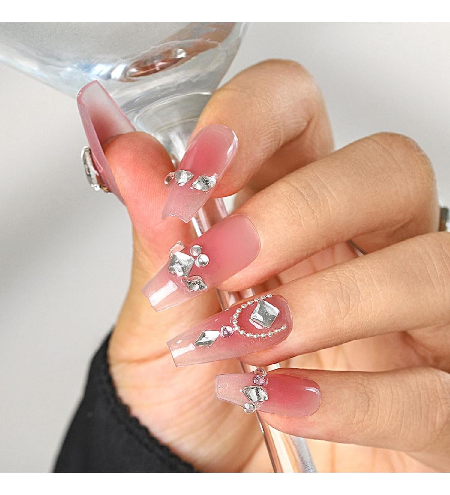 Sethexy Long Coffin False Nails - Handmade Color Gradient with 3D Crystal Love Heart Chains | International Shipping - Buy Online on GoSupps.com