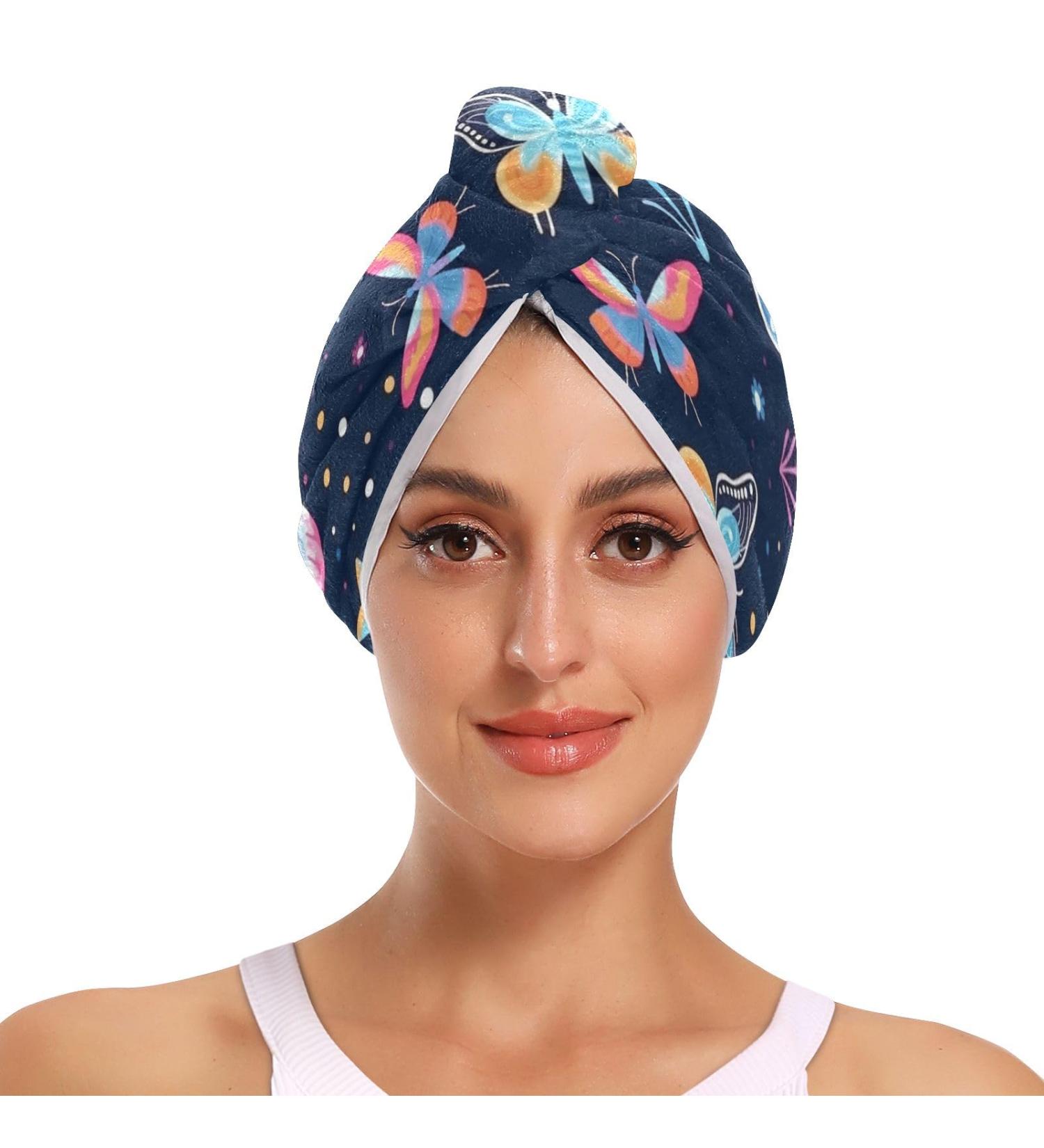 Rainbow Butterfly Dark Blue Hair Towel 2 Pack - Super Absorbent Quick Dry Hair Turbans for Women & Girls | Perfect Hair Drying Solution - Buy Online on GoSupps.com