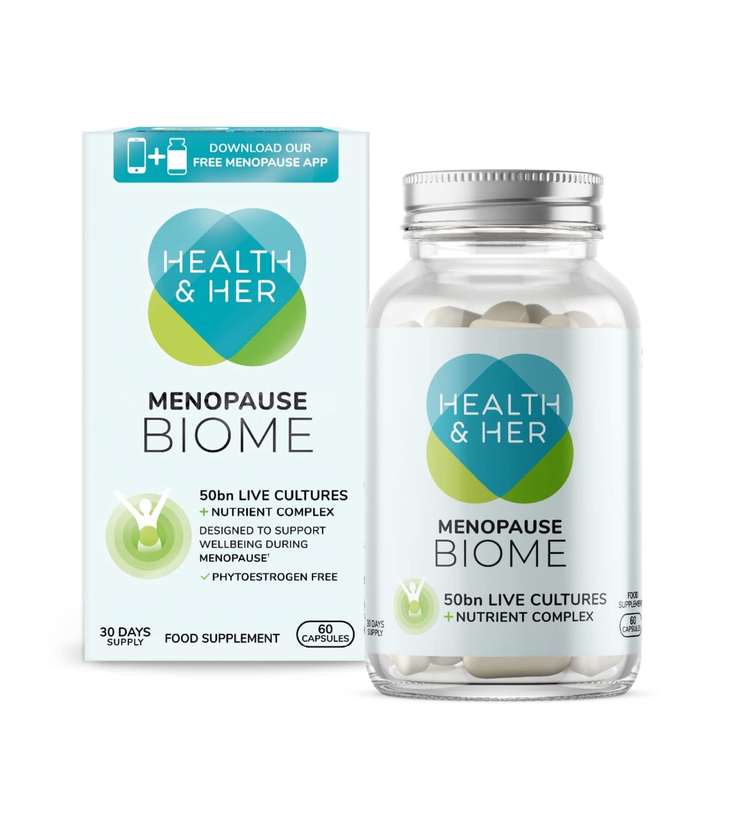 Health & Her Menopause Biome 50bn Live Cultures Supplements - 60 Tablets, Vegan & Phytoestrogen Free - Support for Menopause Symptoms - Buy Online on GoSupps.com