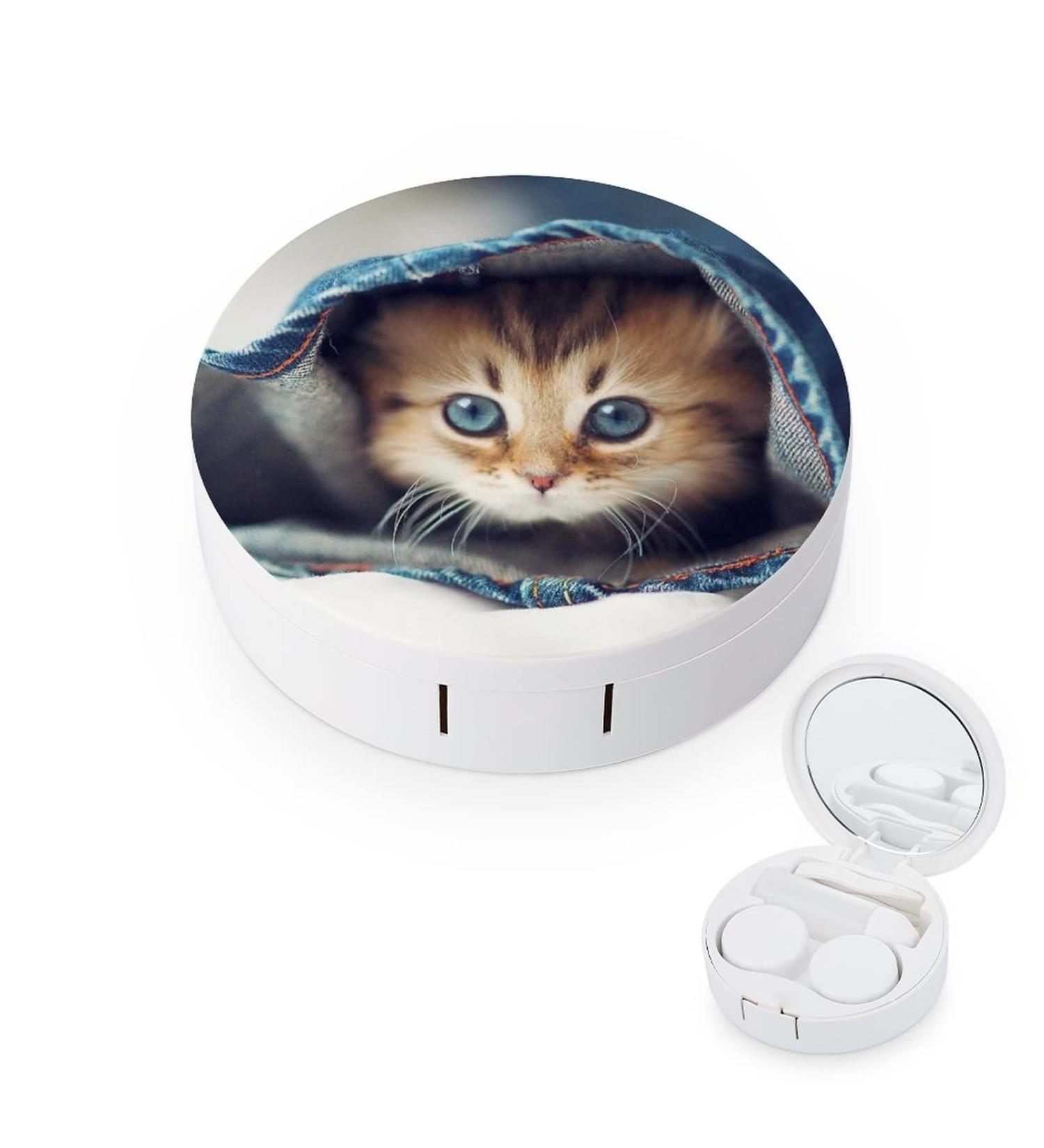 Cute Cat Round Case For Contact Lens Kit Storage Box with Mirror Printed - Buy Online on GoSupps.com