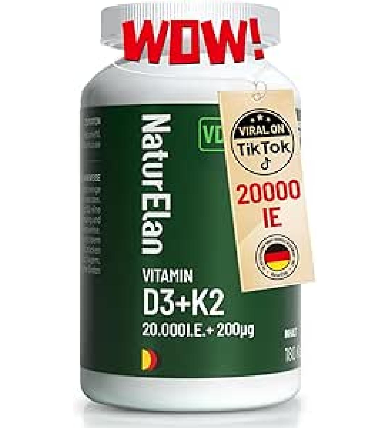 Vitamin D3 K2 Capsules - 20000 I.U. + 200 MCG K2 MK7 - 180 Vegetarian Capsules Additive-Free Made in Germany - Buy Online on GoSupps.com