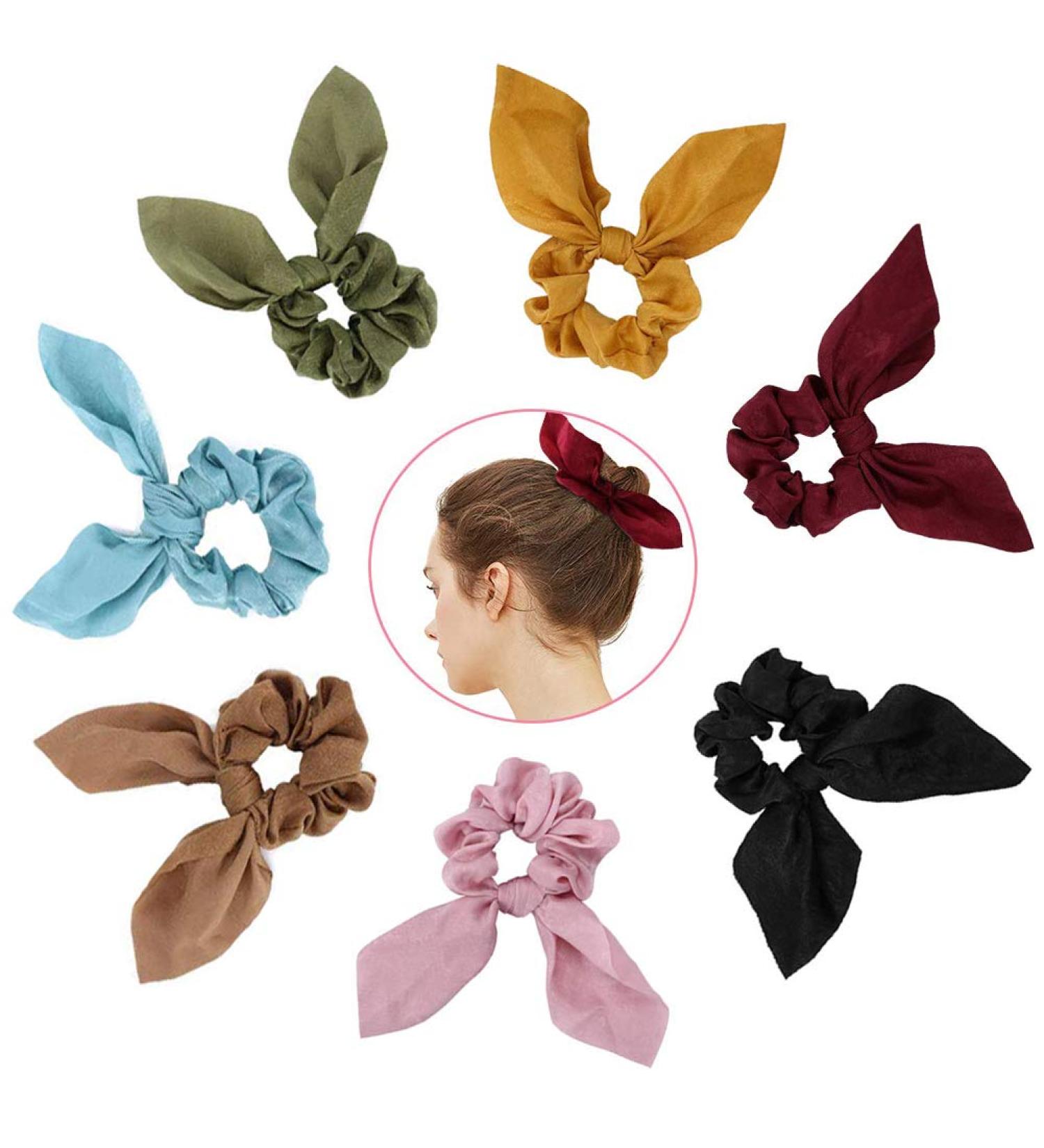 7 Pack Bunny Ear Hair Scrunchies - Chiffon Satin Silk Elastic Hair Bands for Girls & Women - Vintage Hair Accessories in 7 Colors - Buy Online on GoSupps.com