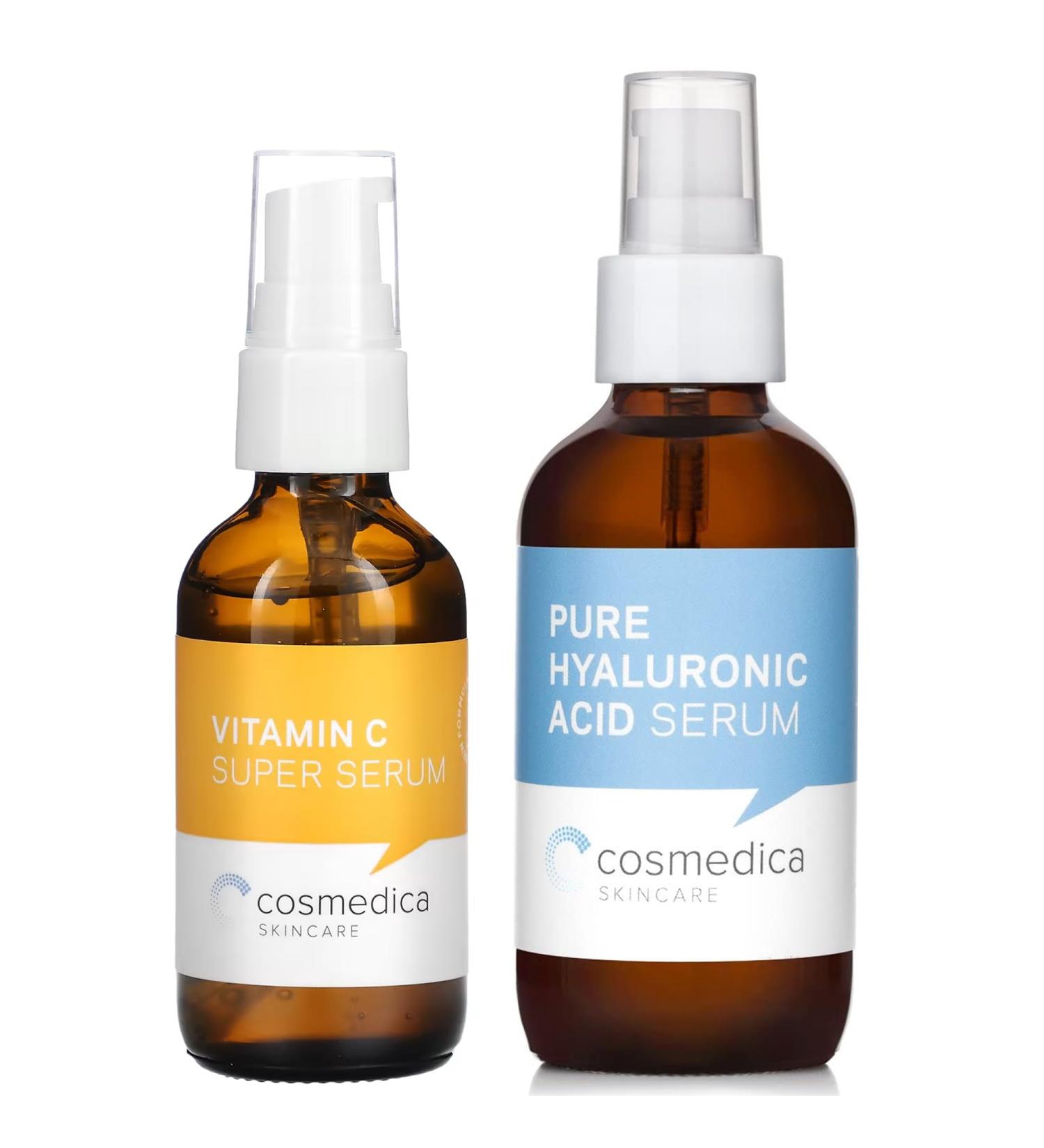Cosmedica Skincare Vitamin C Super Serum 1 Fl. Oz & Pure Hyaluronic Acid Serum 4 Fl. Oz Bundle Hydrating Facial Moisturizer with Anti-Aging Skin Care Benefits