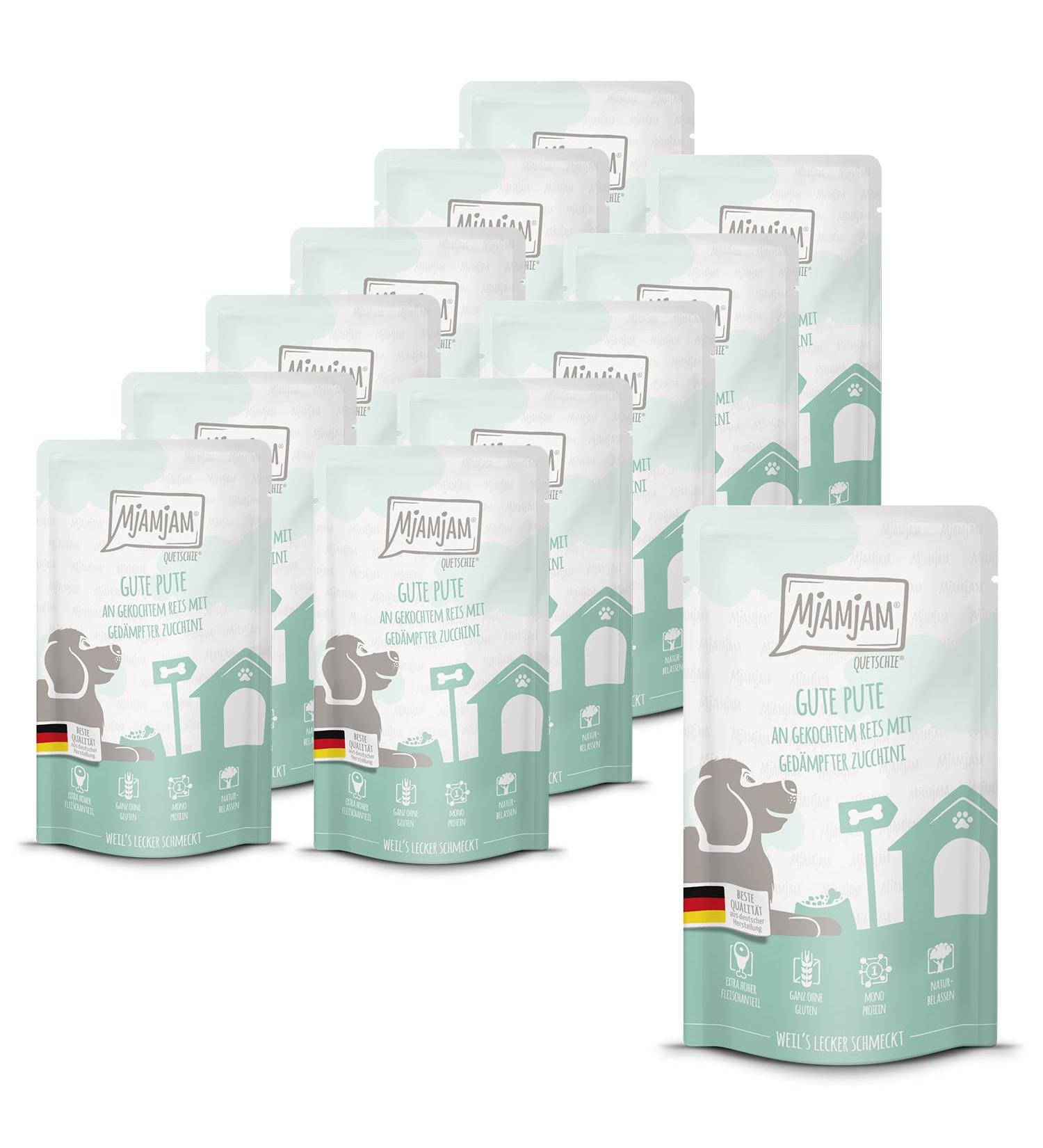 MjAMjAM - Premium wet food for dogs - Quetschie - tasty turkey meat accompanied by cooked rice and steamed zucchini pack of 12 (12 x 125g)