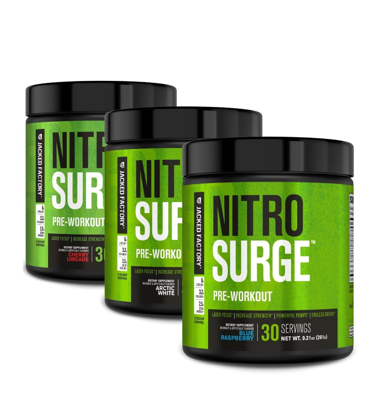 Jacked Factory NITROSURGE Pre Workout Supplement - Endless Energy Instant Strength Gains Clear Focus Intense Pump | Cherry Limeade Blue Raspberry Arctic White (90 Servings) - Buy Online on GoSupps.com