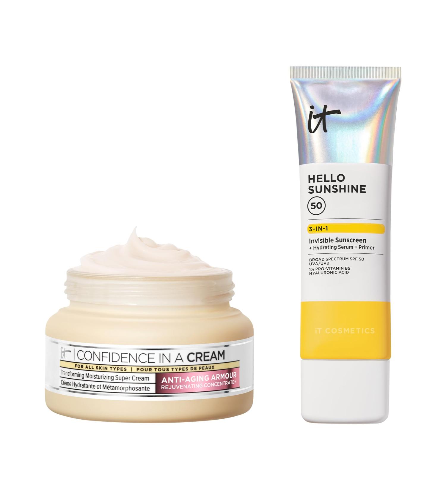 IT Cosmetics Confidence in a Cream & Hello Sunshine SPF 50 Makeup Primers Bundle - Anti Aging Face Moisturizer (2 fl oz) - Invisible Sunscreen with No White Cast (2.7 fl oz) - Buy Online on GoSupps.com